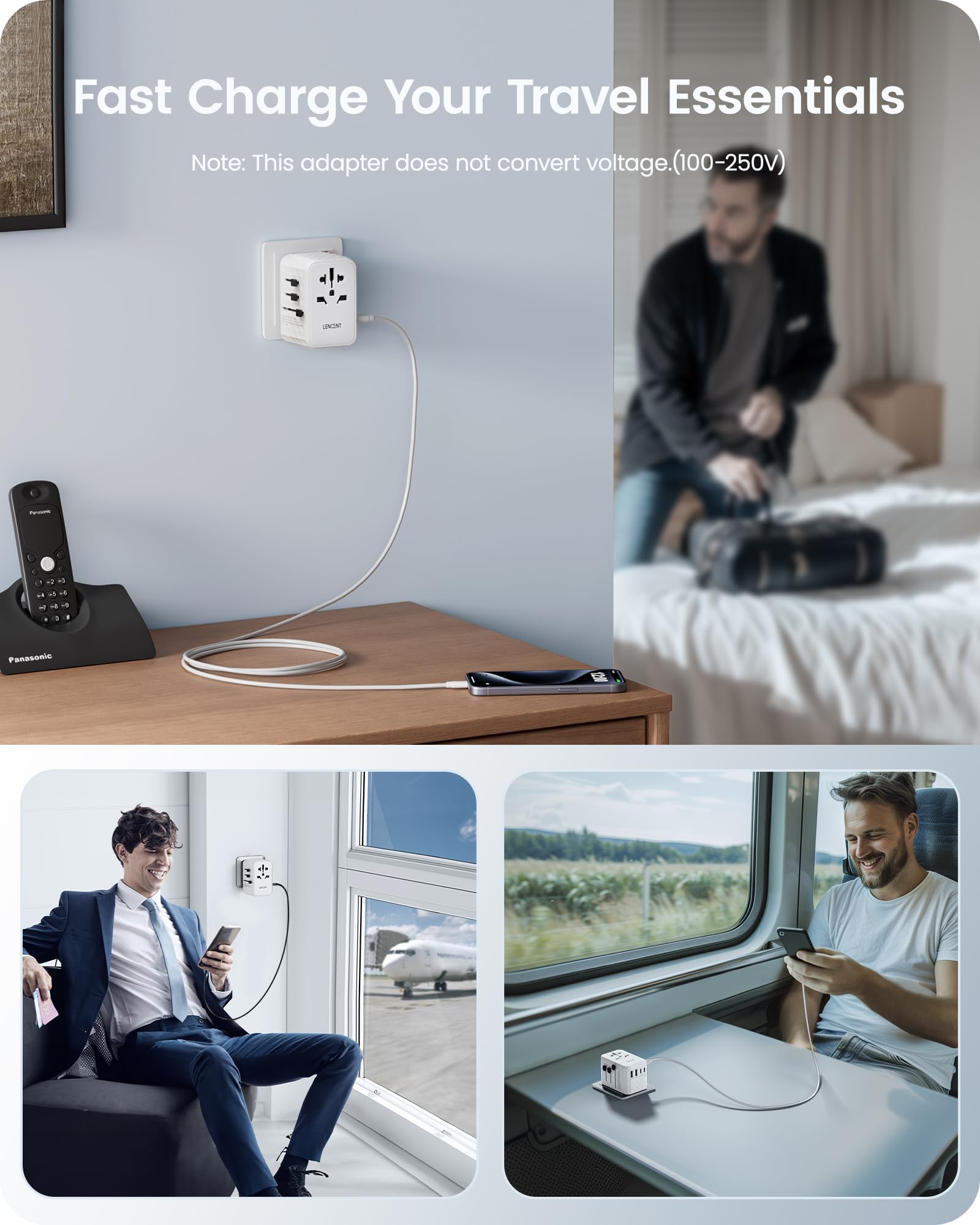 LENCENT 65W Adattatore Universale da Viaggio, Adattatore Presa con 2 USB-A | e 3 USB-C, Caricatore Alimentazione Rapida per Telefono Cellulare, Laptop, Spina Internazionale per UK, EU, AUS, USA -Bianco