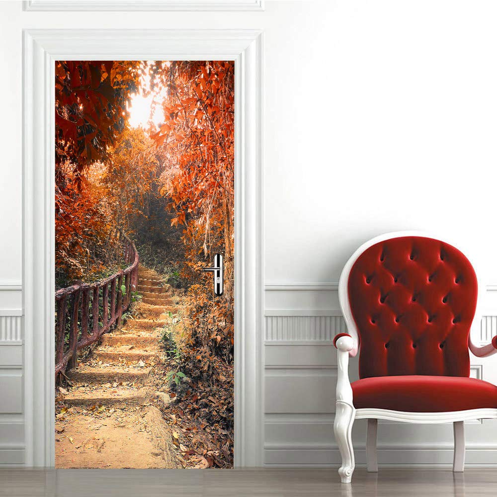 Sticker porte trompe l'oeil forêt en PVC imperméable 63x205 cm pour décoration de chambre