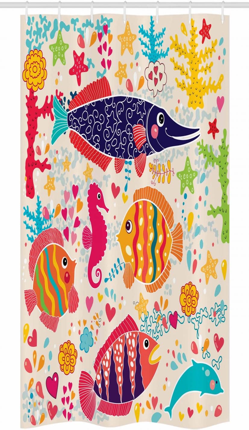 Ambesonne Sea Animals Stall Shower Curtain, Art Fish Seahorse Starfish Dolphin Coral Underwater Life, Fabric Bathroom Decor Set with Hooks, 36" W x 72" L, Indigo Apricot Eggshell