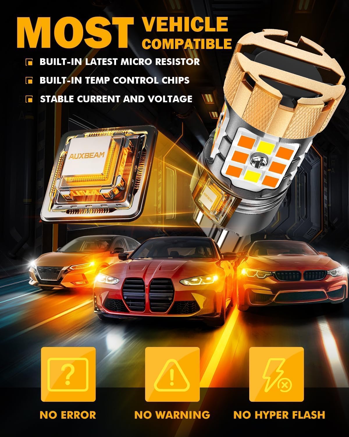 Auxbeam B21Pro Series 7443 Switchback LED Bulbs with Extra Resistors Anti Hyper Flash 7444 7444NA T20 Bulbs White and Amber Super Bright Turn Signal Light/DRL, Not For CK Socket