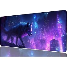 Wolf Gaming Mousepad, Fantasy Neon City World Large Gaming Mouse Mat with Stitched Edges,Non-Slip Waterproof Rubber Base Mous Mat, XXL Extended Mouse Protector for Home Office, 31.5x11.8
