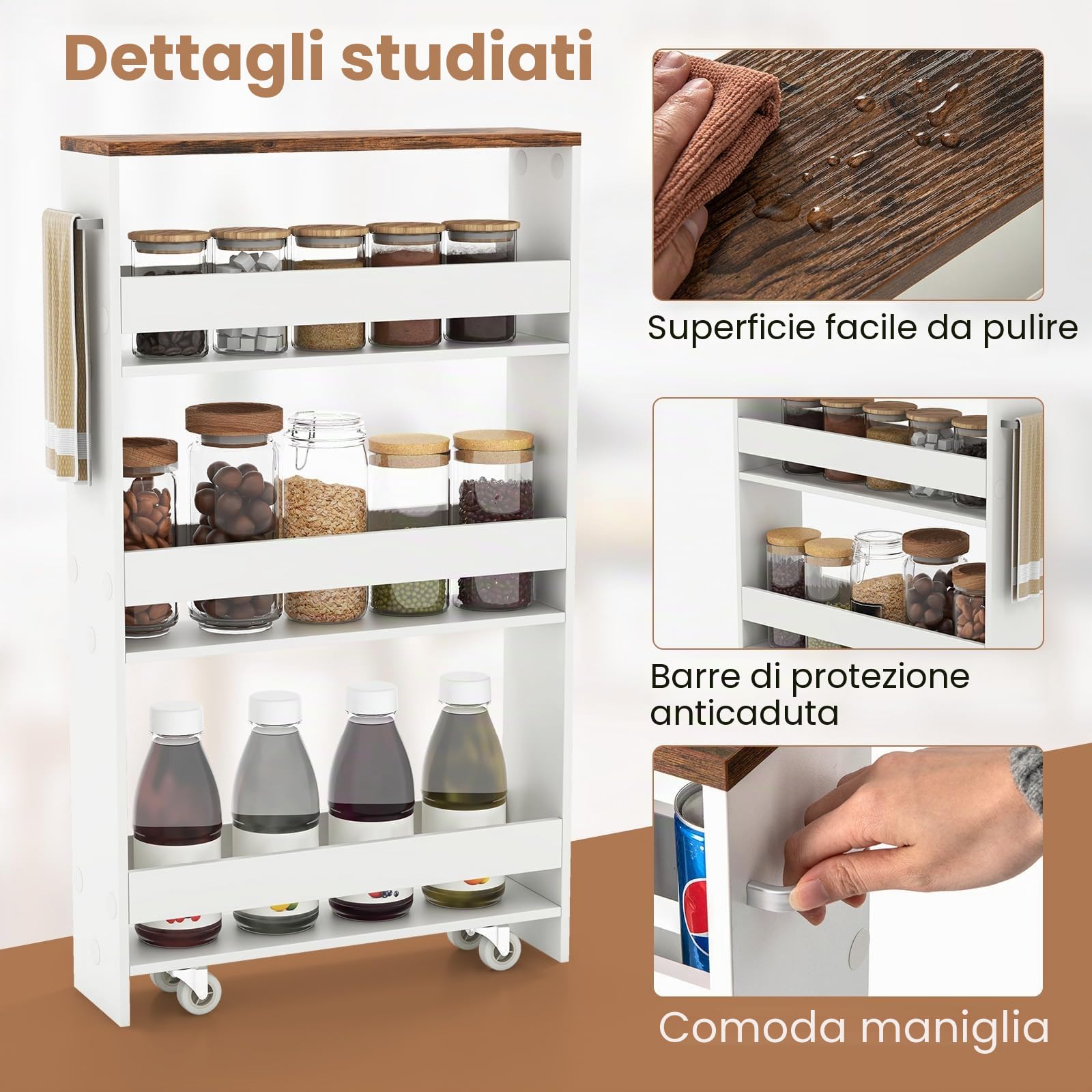 KOMFOTTEU Carrello Portaoggetti a 4 Ripiani con Ruote Rirevoli a 360°, Carrellino Scorrevole con Maniglia Slim, da Bagno, Cucina, Lavanderia, 47,5 x 20 x 80,5 cm (Bianco e Marrone, Senza Presa)