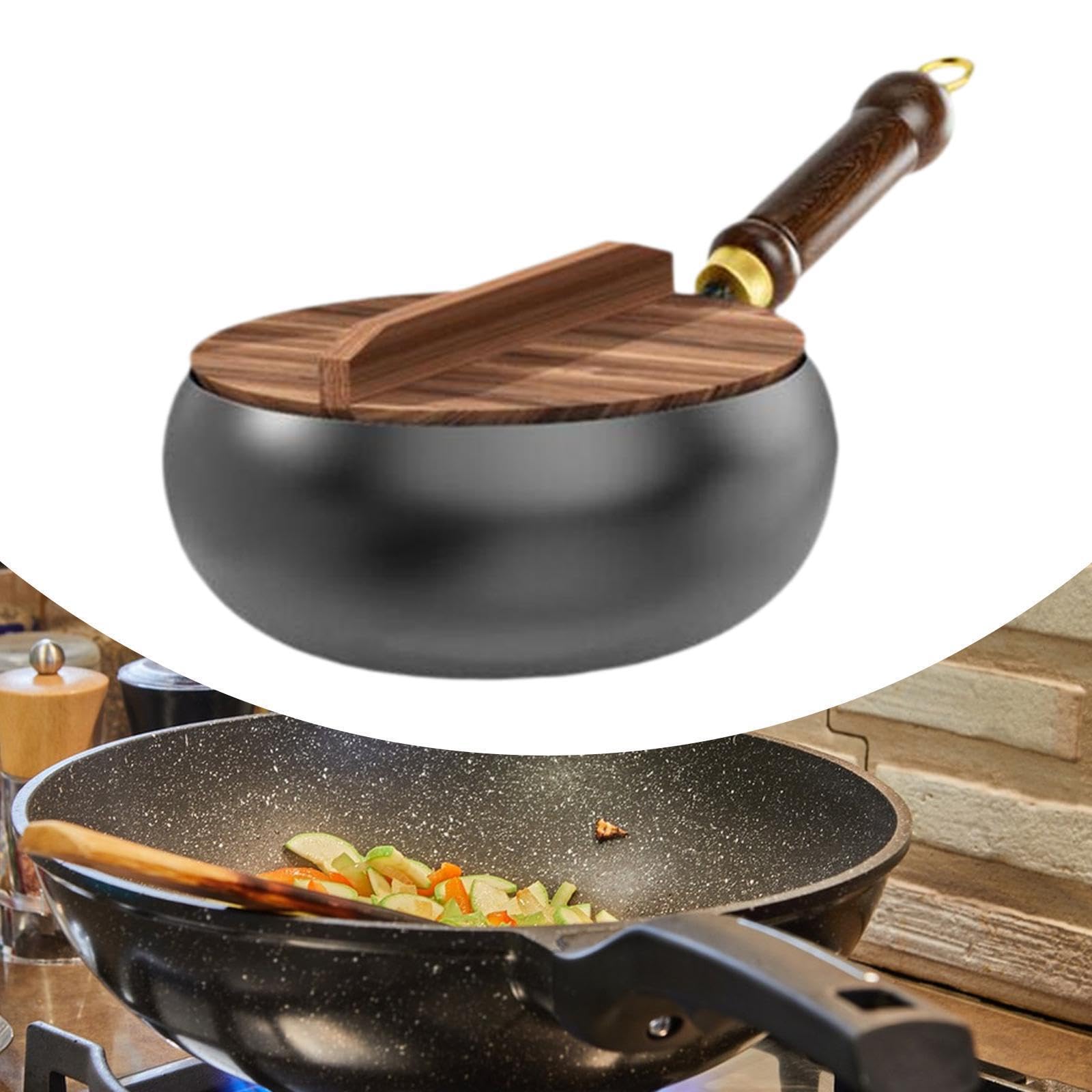 Padella antiaderente wok cinese da 45 pollici, pentola profonda con manico ergonomico in legno, cottura in padella, wok antiaderente realizzato, coperchio legno, 24 cm