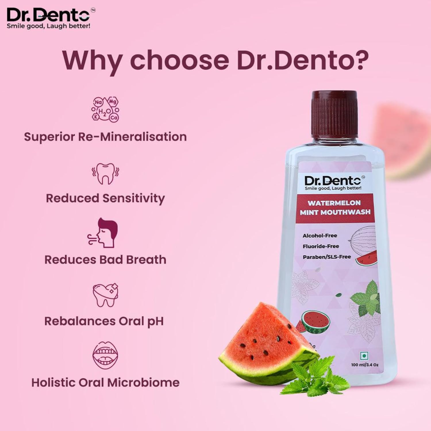 Dr. Dento Mouthwash | Fresh breath | No artificial taste and color. Wine -free mouthwash for men, women and children. Fights germs, watermelon mint - 100 ml (pack of 2) Dr. Dento Mouthwash | Fresh breath | No artificial taste and color. Wine -free mouthwash for men, women and children. Fights germs, watermelon mint - 100 ml (pack of 2)