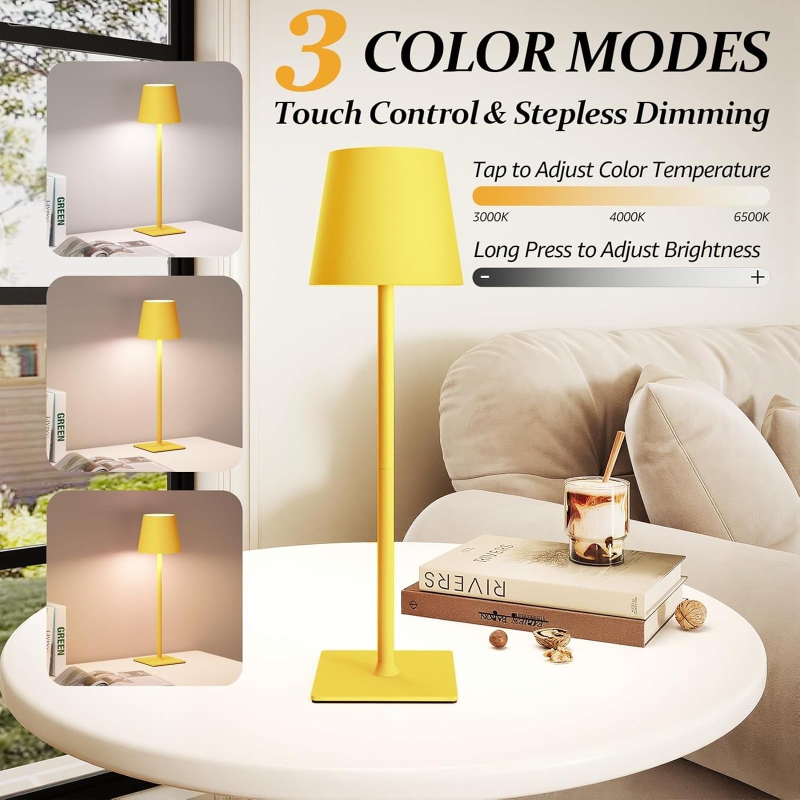 2 lampade da tavolo senza fili | Batteria da 5000 mAh, regolazione continua dell'intensità luminosa a 3 colori, LED ricaricabile per uso interno/esterno in uffici, bar e hotel (Giallo)