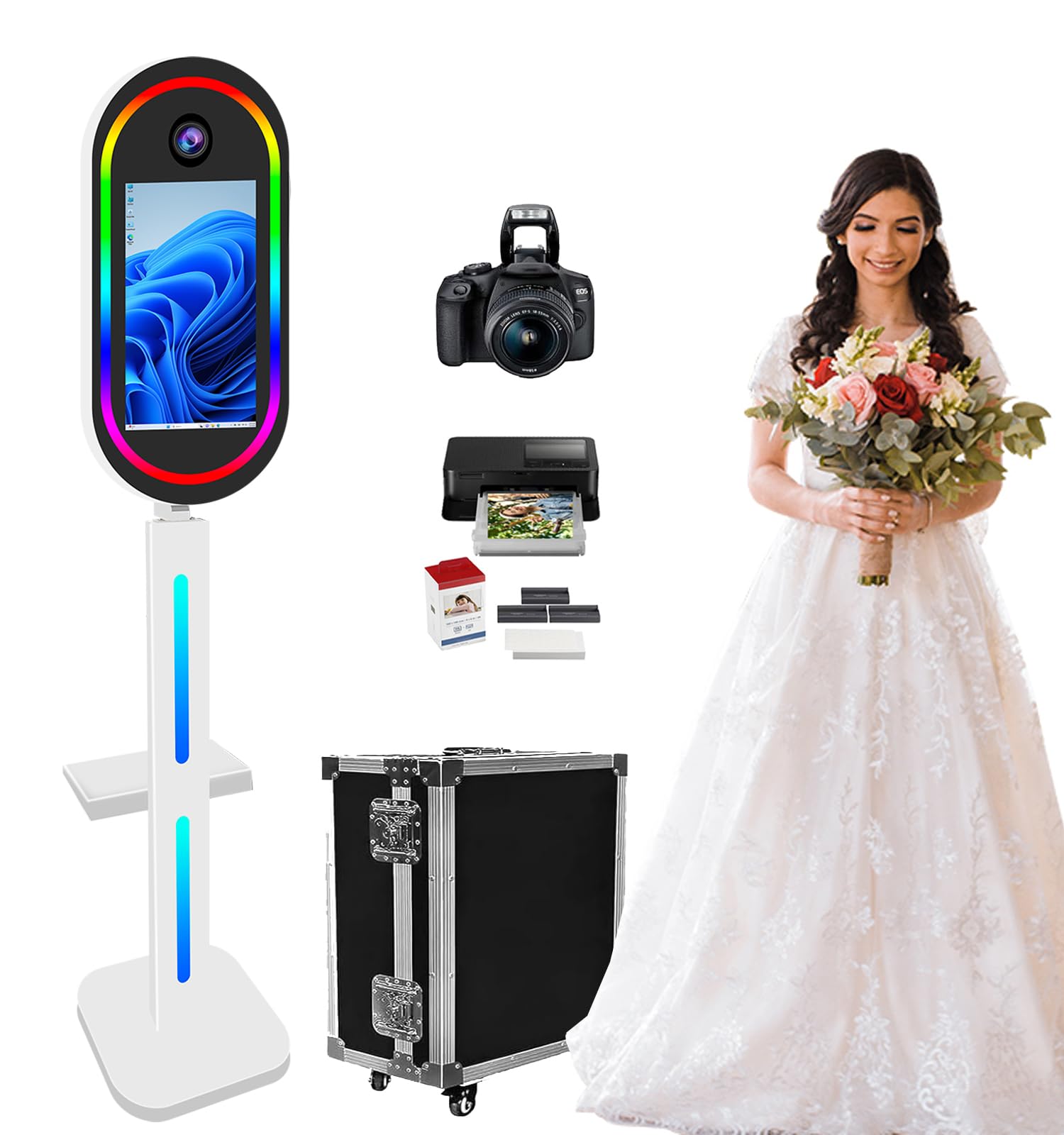 Magic Mirror Photo Booth with Printer and Camera 15.6" Touch Screen Portable DSLR Selfie Photobooth Mirror Photo Booth Machine Instant Print for