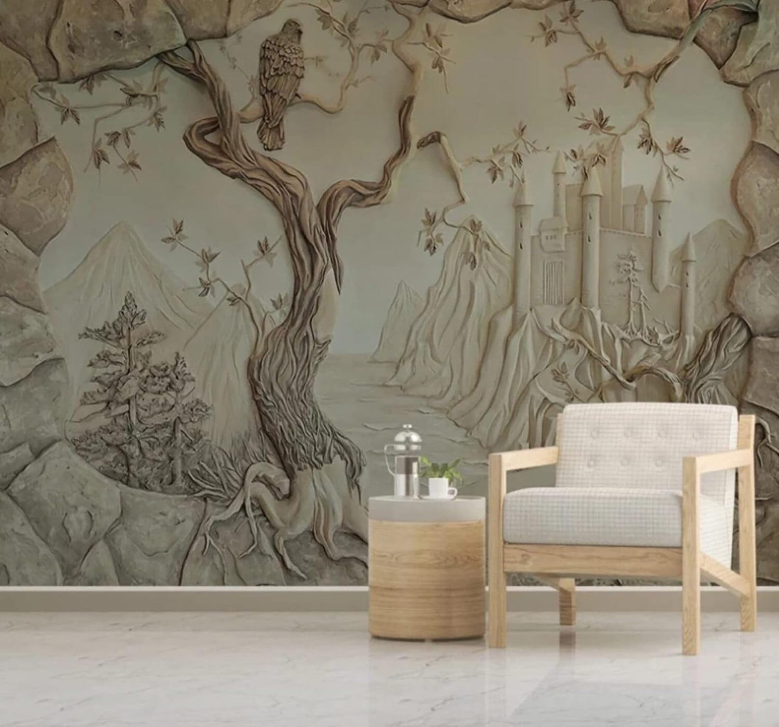 XLMING Relief Castle Large Tree Mountain Peak Landscape 3D Wallpaper Luxury Home Dining Decor Paste Sofa Living Room The Wall for Bedroom Mural-200cm×140cm
