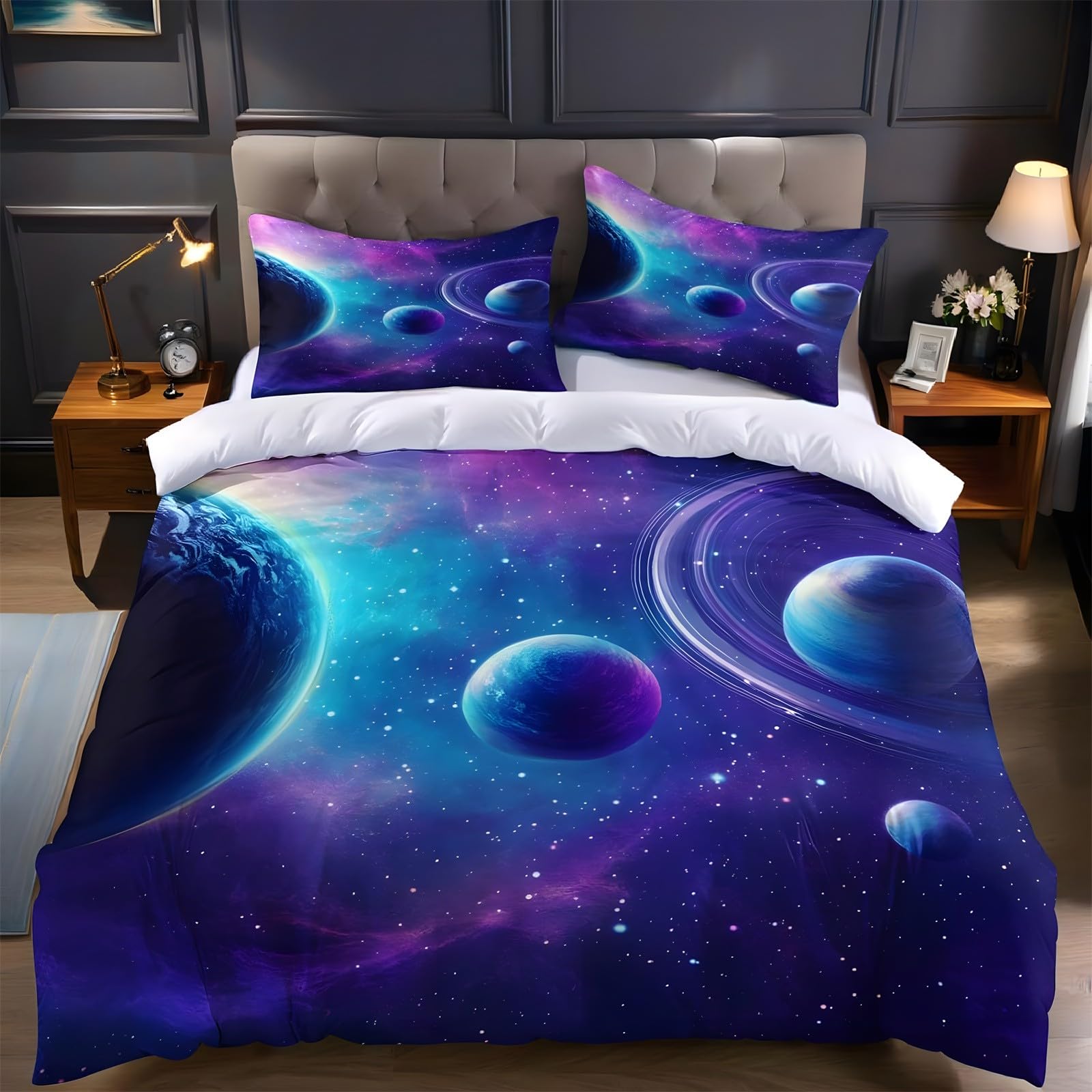 Ypthriline Single Duvet Cover Set Planet Bedding Set Microfiber Starry Sky Duvet Covers with Pillowcases Reversible Bedding With Zipper Closure 135x200CM