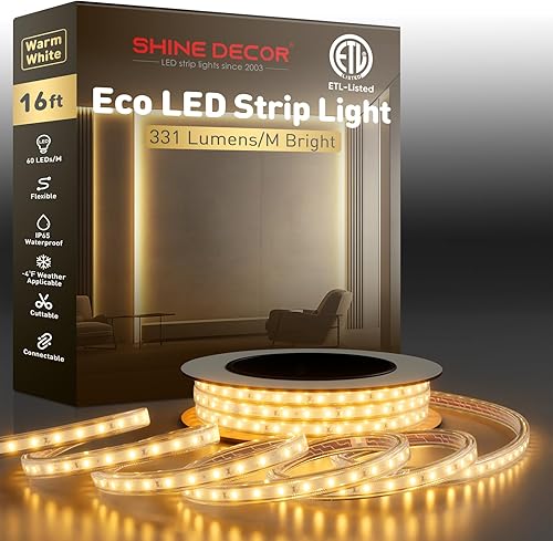 Shine Decor Tira de luz LED fácil de conectar, 2800 K blanco cálido, resistente al frío, resistente a la intemperie para interiores y exteriores,