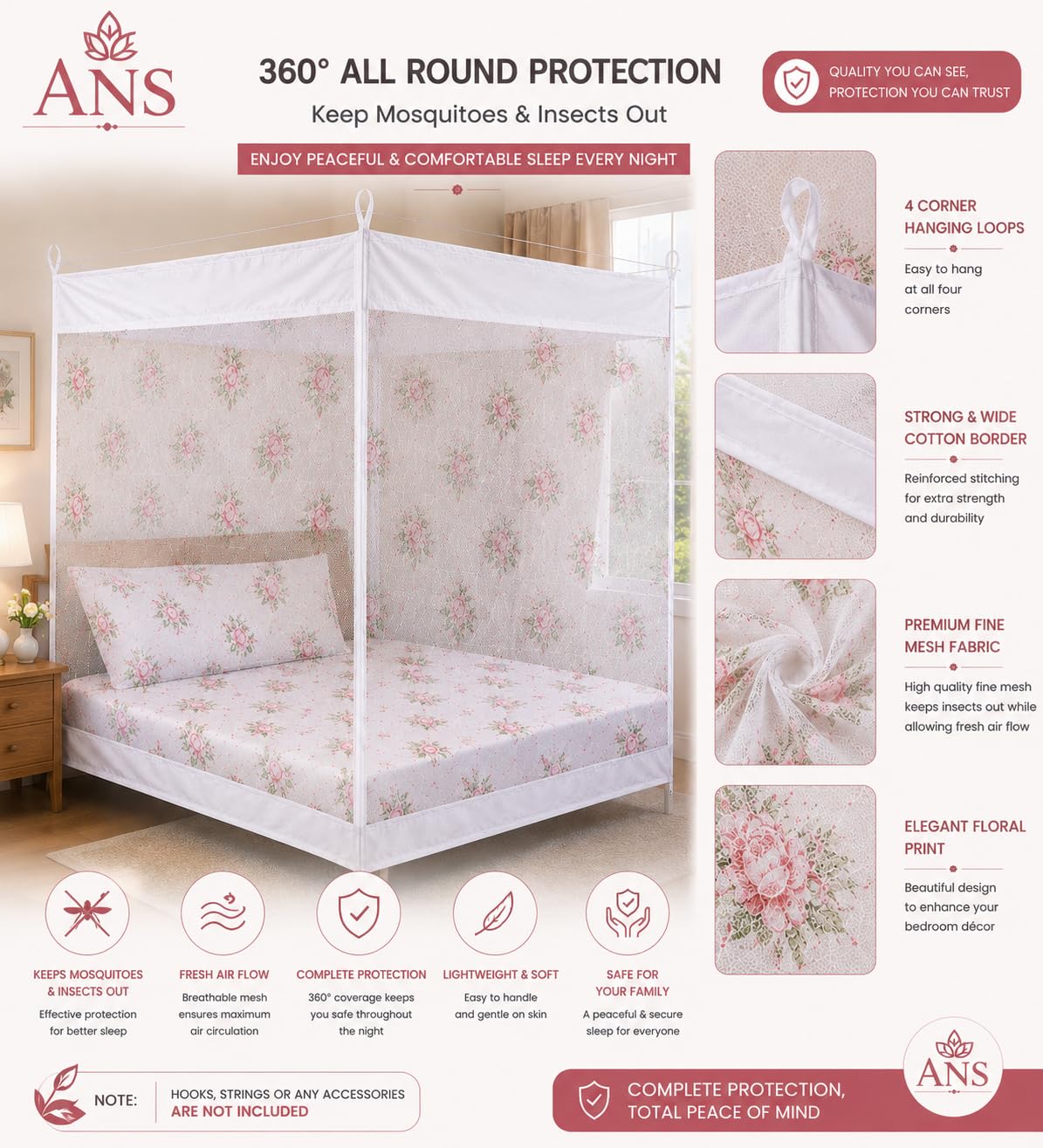ANS Mosquito Net for Bed Floral Print with Cotton Border, Breathable Free Air Flow Hanging Mosquito Net, Fine Mesh Insect Protection Net, Washable Lightweight Bed Net for Home Use, White Floral 4
