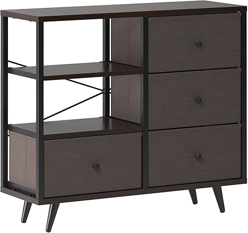 Miniatura 9 de soges Cómoda de tela de 4 cajones unidad organizadora de almacenamiento de 3 niveles gabinete de marco de metal con 4 cajones y estantes de