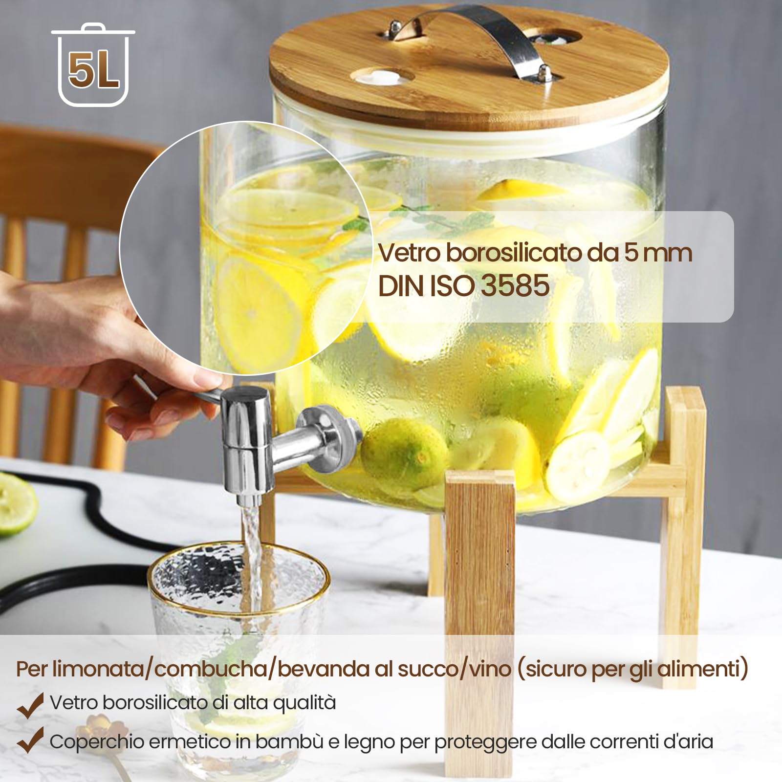 Dispenser Per Bevande In Vetro Da 7,6 L Con Rubinetto In Acciaio Inox E Supporto In Bambù – Per Succo, Acqua E Drink Fatte In Casa