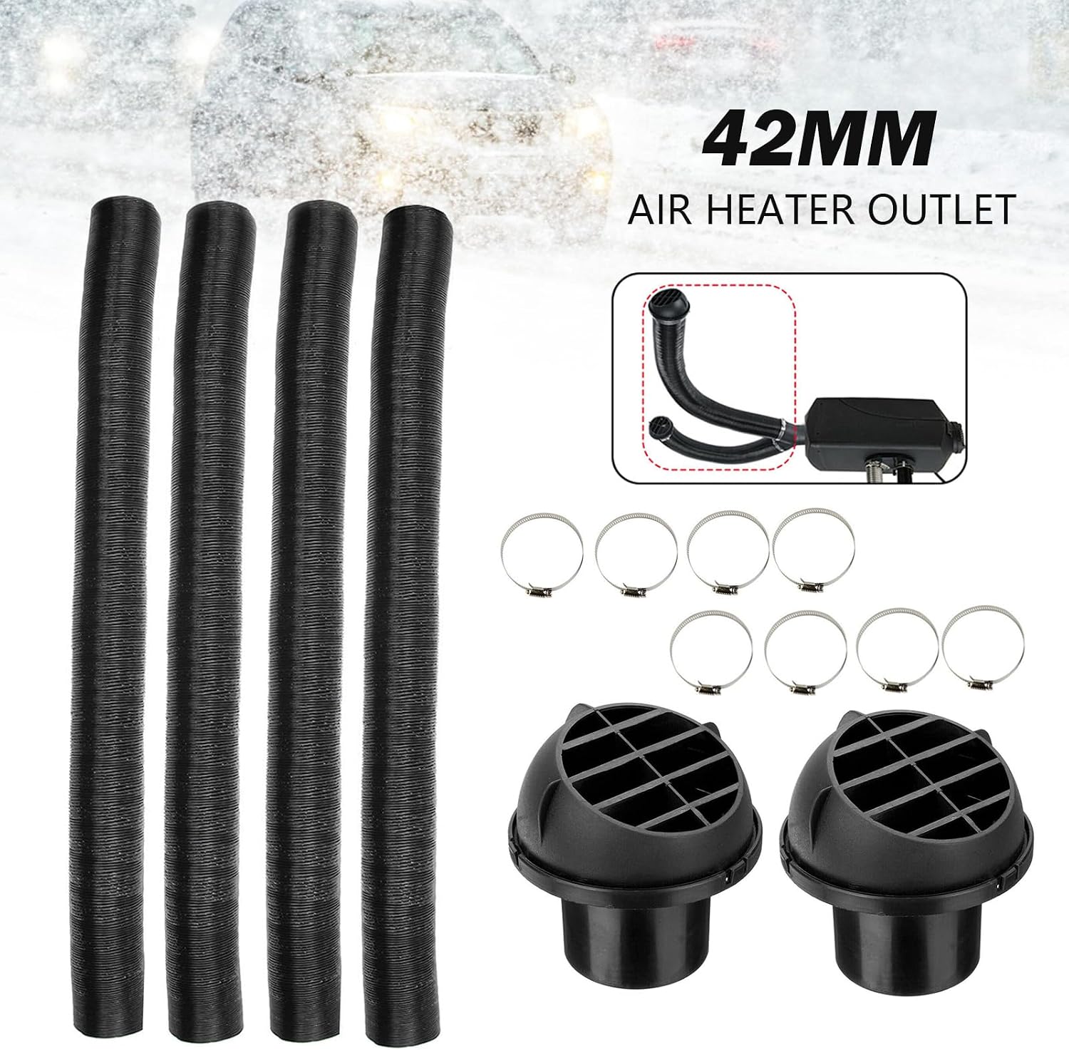 42mm Diesel Parking Heater Kit, ZDHQLHJ 4PCS Diesel Heater Exhaust Pipe Ducting & 4PCS Car Heater Duct Warm Air Outlet Vent & 8PCS Clamps, For Webasto Eberspacher 5KW Diesel Parking Heater