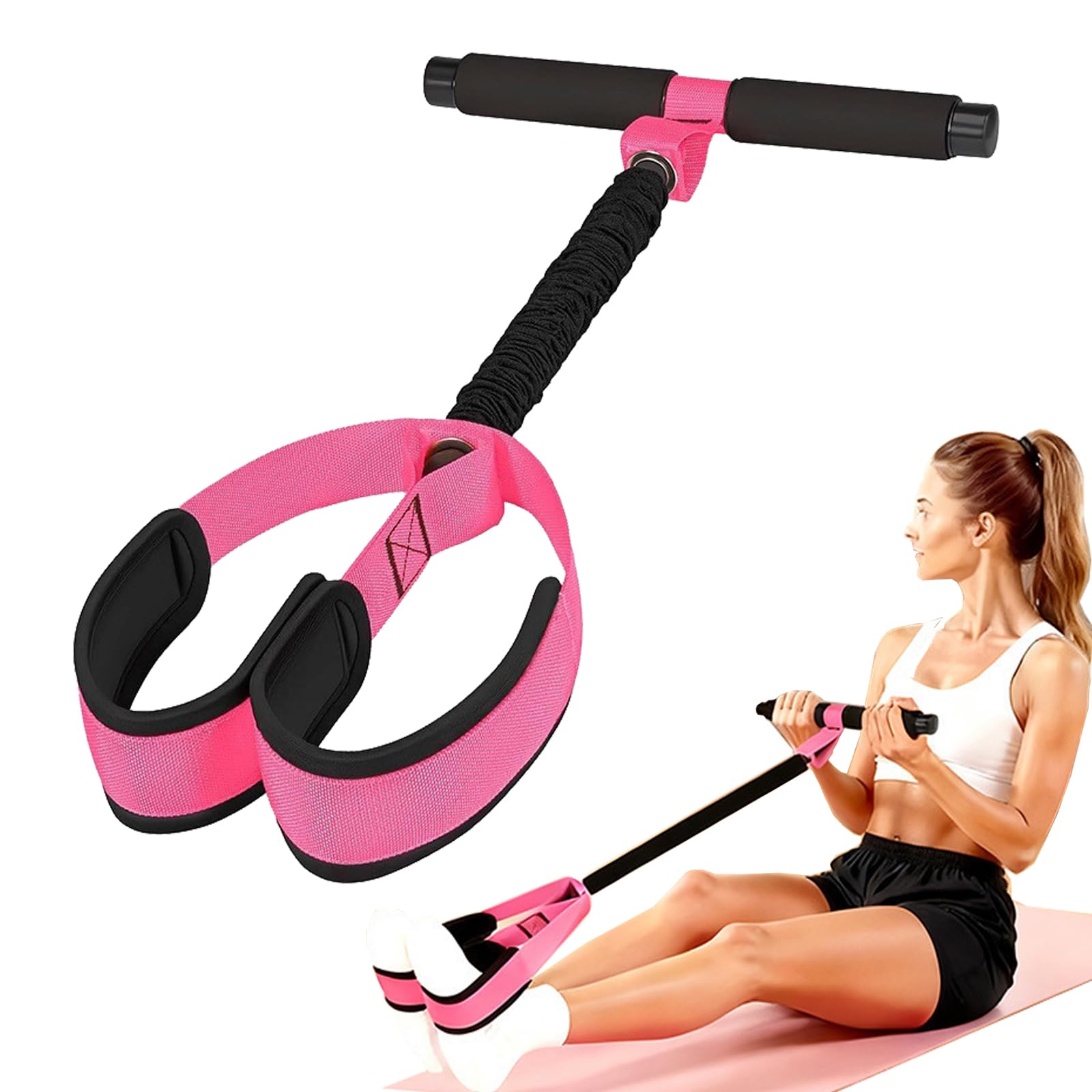 Multifunction Pedal Resistance Band with Handle, Upgraded Exercise Equipment with Soft Foot Pedal for Sit Up & Full-Body Home Gym Workouts, Yoga, Core/ABS Training，Pilates & Physical Therapy (pink)