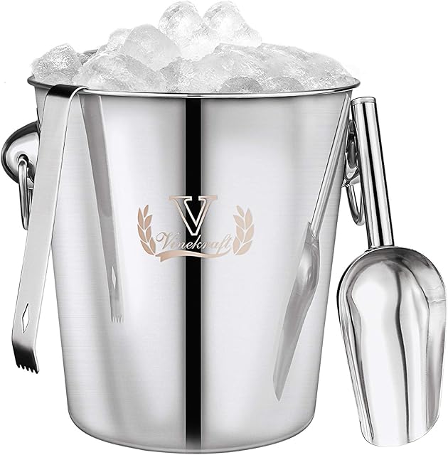 Vinekraft Ice Bucket 3.8L, Stainless Steel Party Drink Chiller with Tongs and Ice Scoop Luxury Gift Package