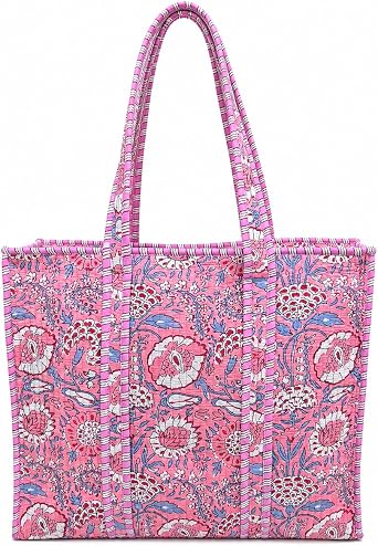 Quilted Tote Bag for Women Large Cotton Quilted Bag with Zipper Handmade Block Print Everyday Travel Tote