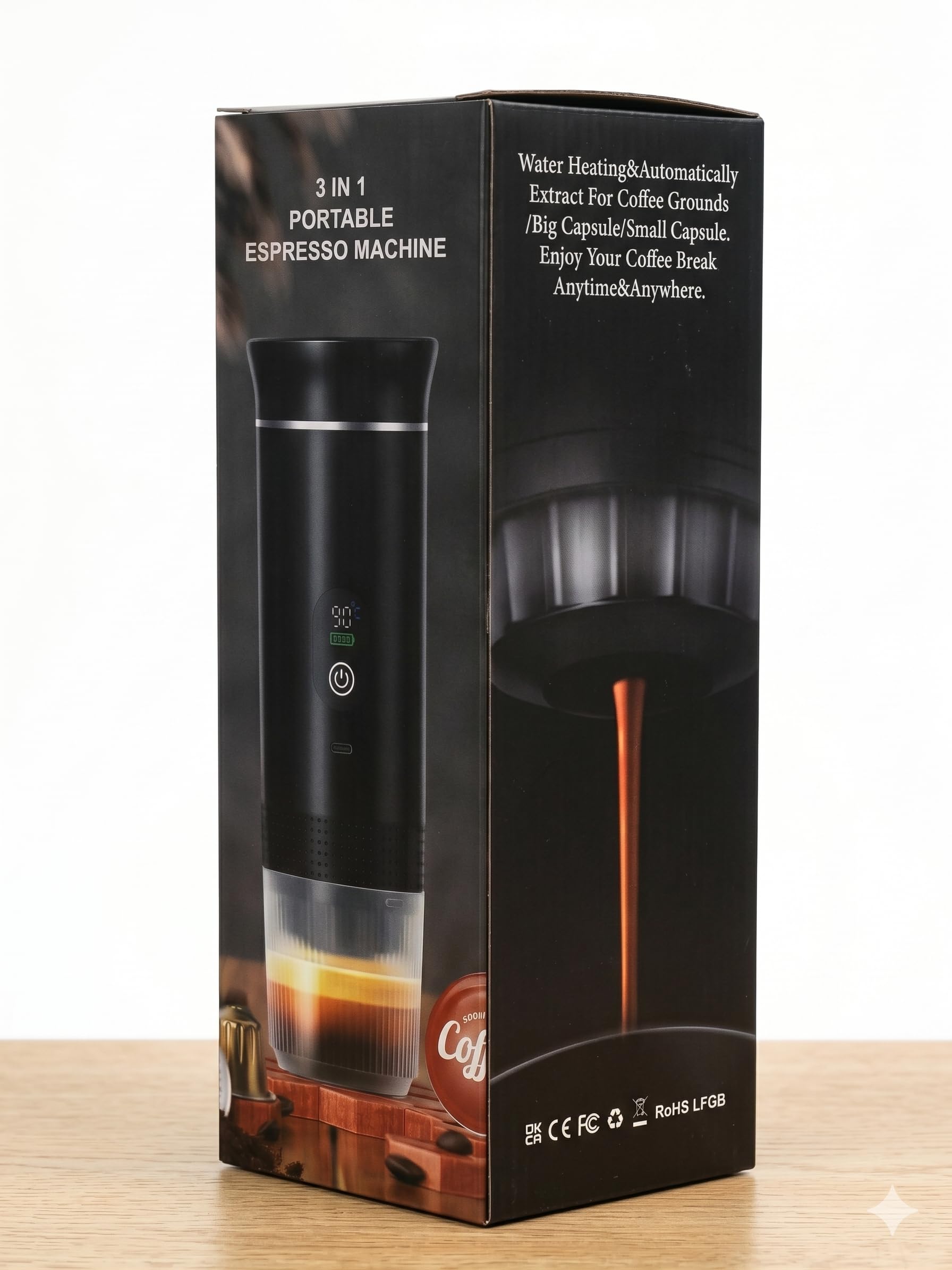 Macchina Caffè Portatile Espresso 3-in-1 - Riscaldamento Acqua Automatico 5 Min, Batteria 7500mAh, 20 Bar Pressione - Compatibile con Capsule Grandi, Piccole e Caffè Macinato - Per Auto, Viaggio, Uffi