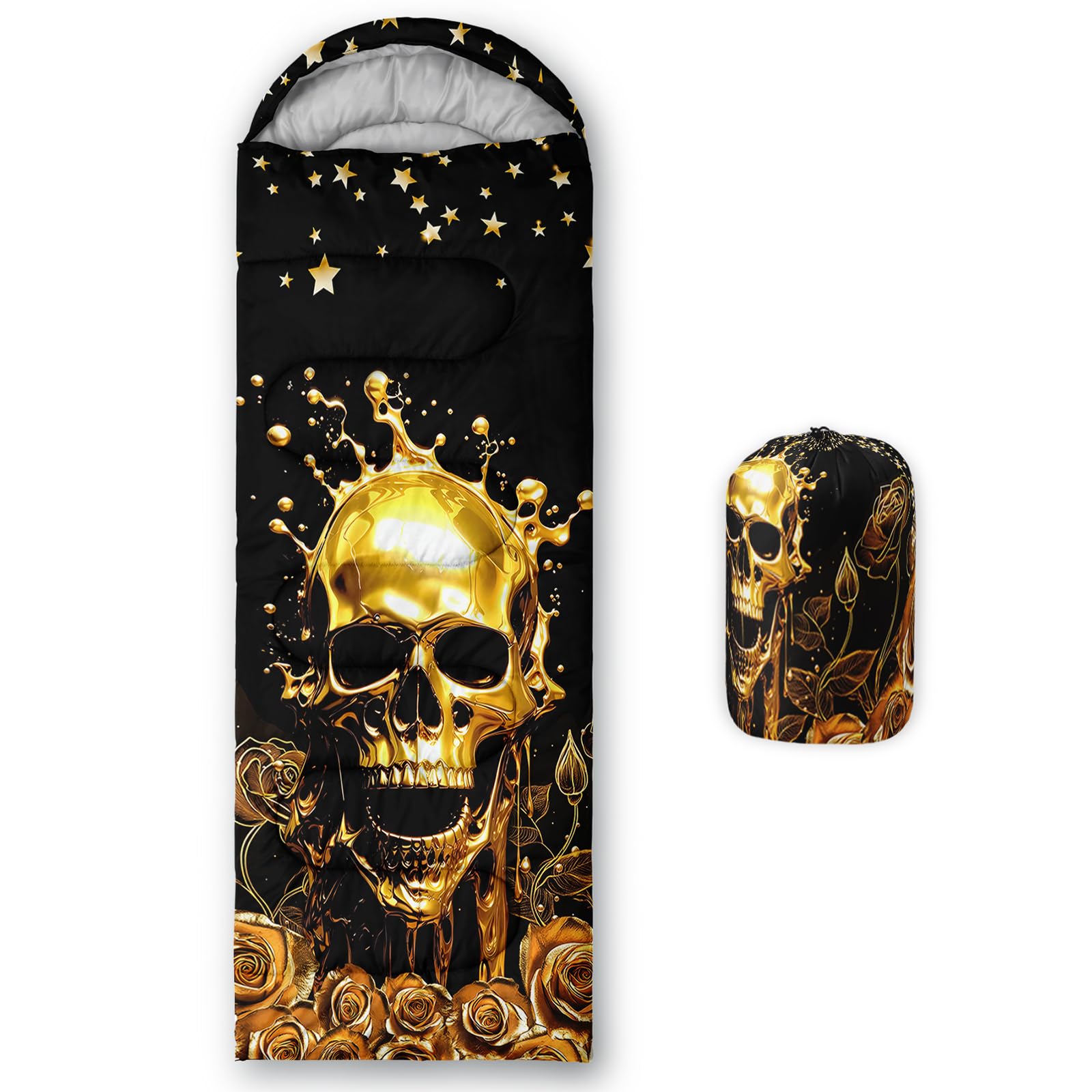 QOOMO Golden Skull Waterproof Sleeping Bags for Adults & Kids,Printed Camping Sleeping Bags, 3 Season Warm & Cool Weather,Lightweight,Traveling,and Outdoors,Camping Gear Equipment,31x90inch