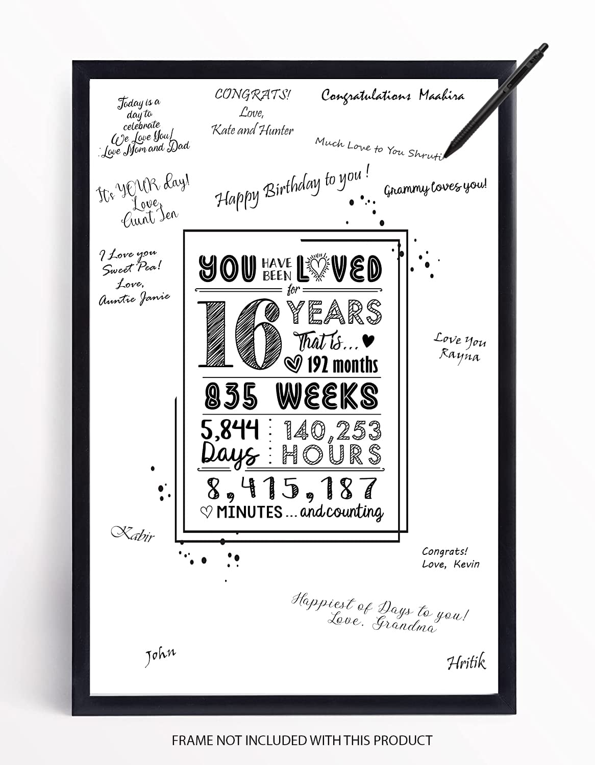 PRINTNET Sweet 16 Birthday Decorations - Cute Guest Book Alternative or Gift - Great 16th Birthday Decorations for Girls or 16th Birthday Decorations for Boys - 12x18 Signature Poster -16 Years Loved (Unframed)