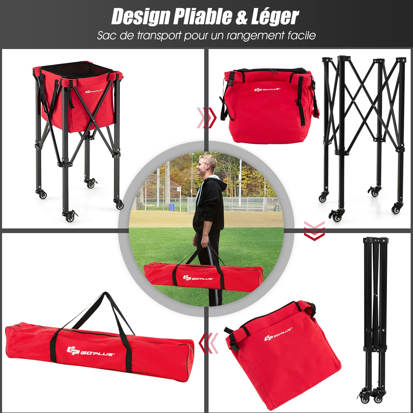 GOPLUS Chariot de Balle de Tennis Pliable, en Aluminium et Tissu Oxford avec et Sac Amovible, Panier de Rangement de Tennis Roulant pour Entraînement ou Loisir