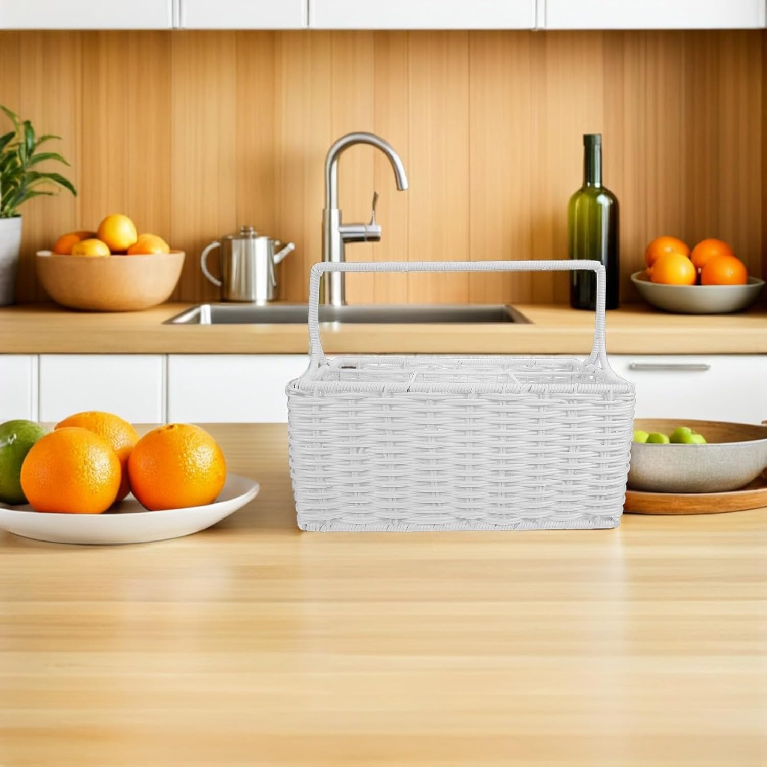 Garneck Handwoven Small Utensil Basket with Multi-compartment Divider Portable Kitchen Organizer for Spoons Forks Chopsticks Wear-resistant Rattan Storage Basket for Dish Drainer and