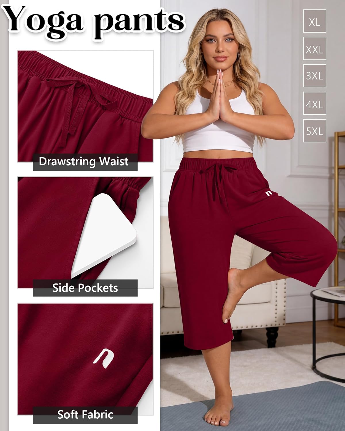 Neer 3 Pack Women's Plus Size Capris,Wide Leg Loose Pants Casual Drawstring Capri Sweatpants Drawstring Pants with Pockets - Image 5