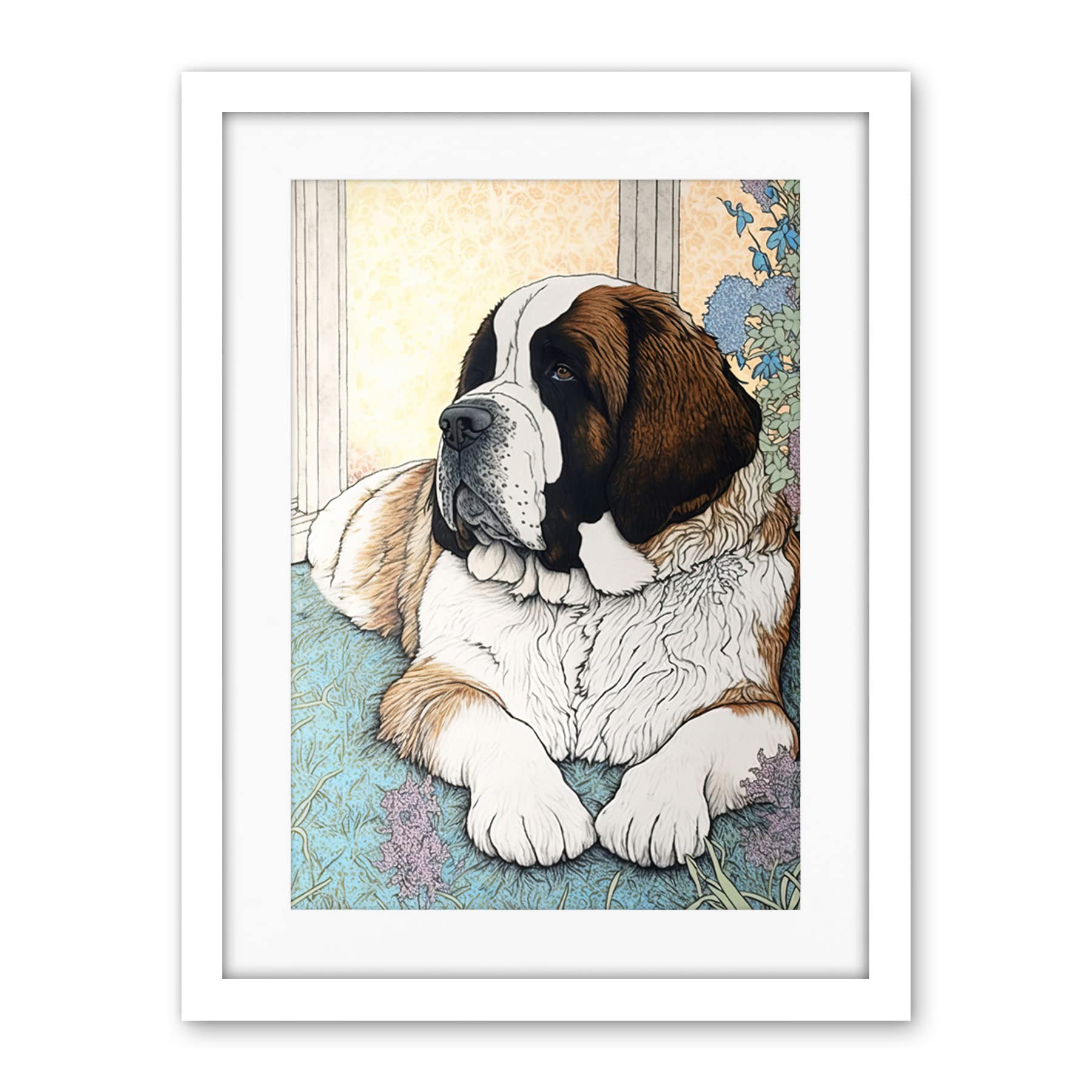 Artery8 St Bernard Dog Lying by Flower Pot Modern Bright Multicoloured Illustration Artwork Framed Wall Art Print 18X24 Inch