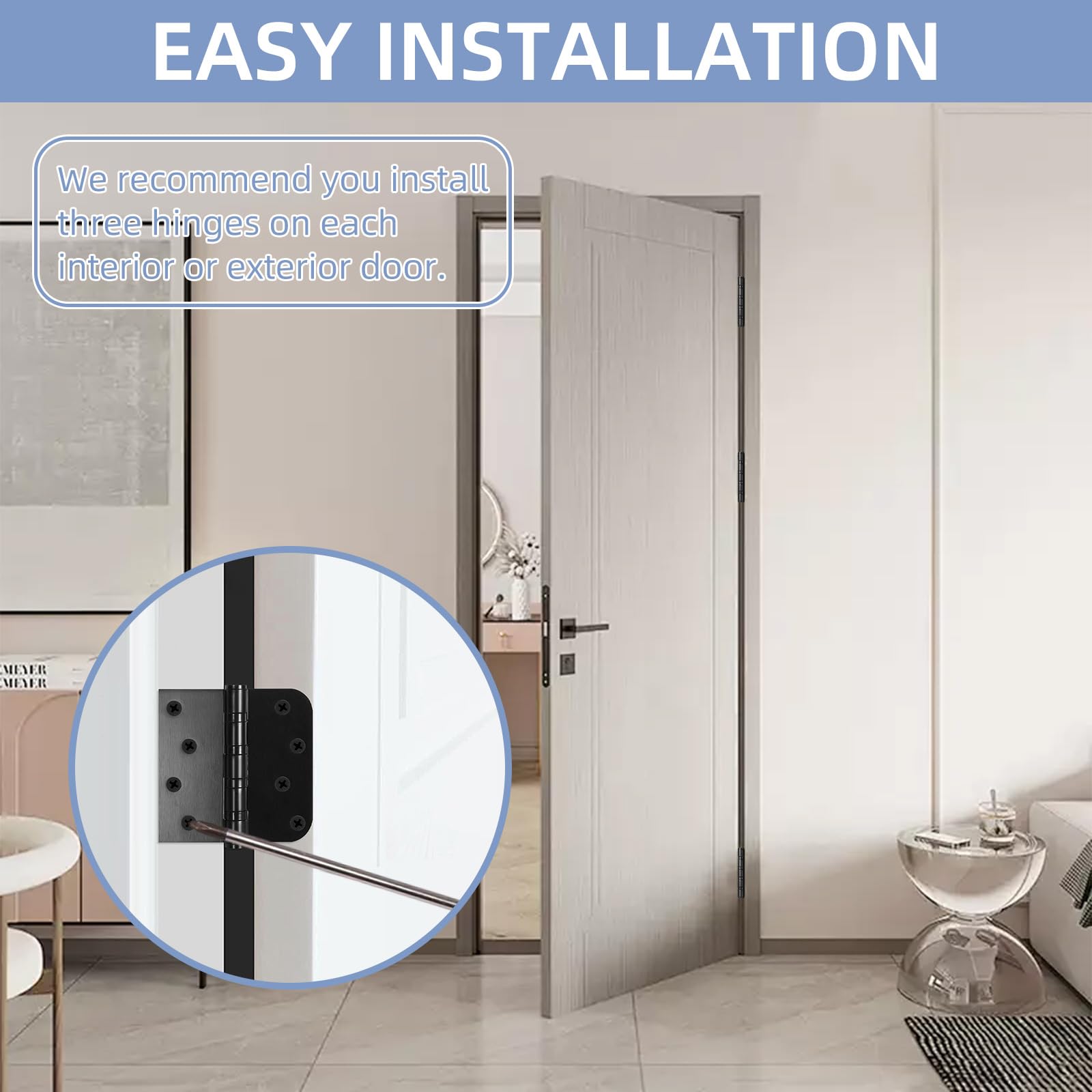 Paquete de 6 bisagras de puerta color negro mate, bisagras de puerta de 4 x 4 pulgadas, bisagras de acero inoxidable resistentes con tornillos para puertas exteriores e interiores, cuadradas y