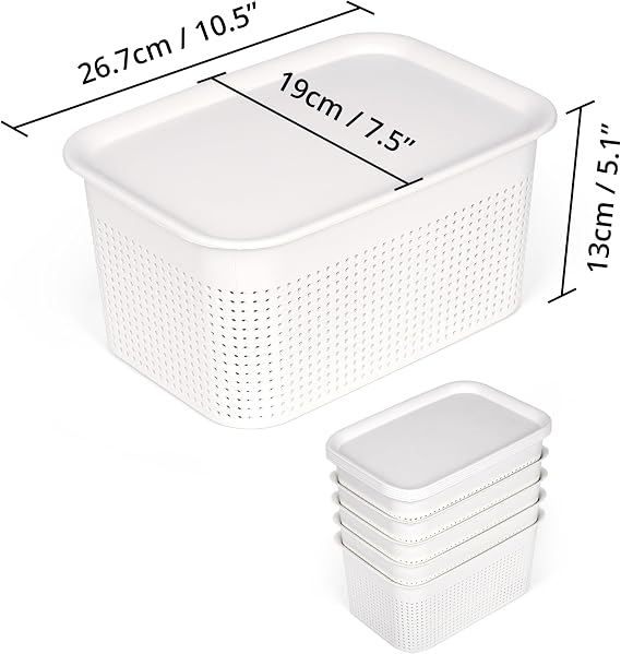Winter Shore White Basket Storage with Lid [Pack of 6] - Stackable Storage Box with Lid White for School & Office Supplies Accessories - Modern Storage Basket for Cupboards Shelves Bathrooms