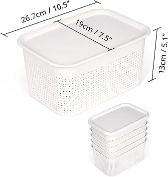Winter Shore White Basket Storage with Lid [Pack of 6] - Stackable Storage Box with Lid White for School & Office Supplies Accessories - Modern Storage Basket for Cupboards Shelves Bathrooms