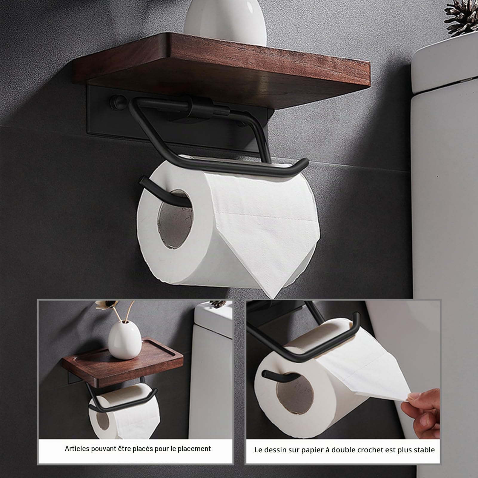 Toilettenpapierhalter zur Wandmontage, mit Kleber und Schrauben, stilvoller Taschentuch-Organizer aus Holz mit Ablage, Edelstahl-Papierrollenspender für Badezimmer (A, Weiß)