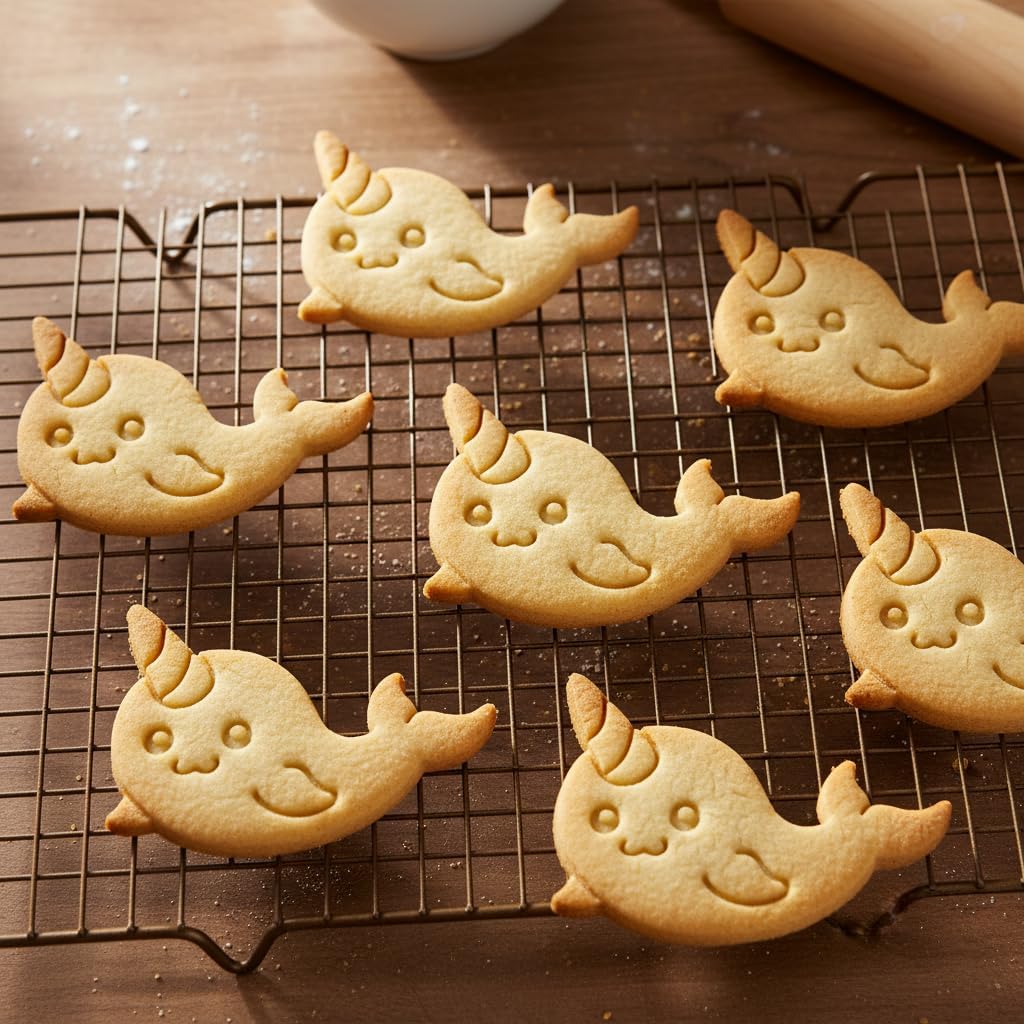 BAKERLOGY Set of 2 Narwhal Cookie Cutters – Cute Swimming & Upright Sea Unicorn Biscuit Cutters Fondant Embosser for Ocean Theme Baking, Baby Shower Cookies, Marine Cake Decoration Tool