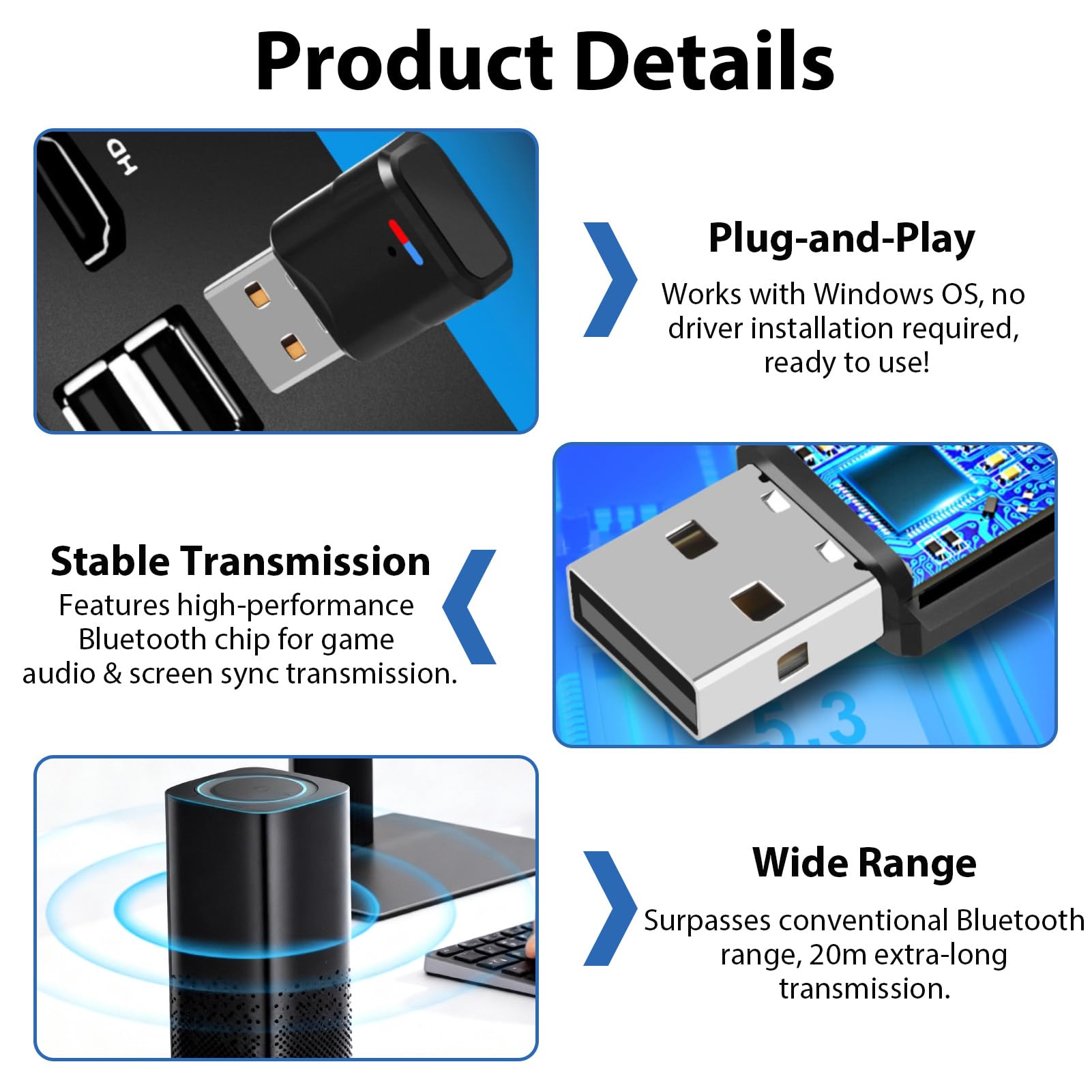 Adaptateur Bluetooth 5.3 USB pour PS5 PS4 PC Switch Mac Dongle Double Appairage Faible Latence Clé émetteur Audio sans Fil pour Macos Manette Windows Casque Enceinte