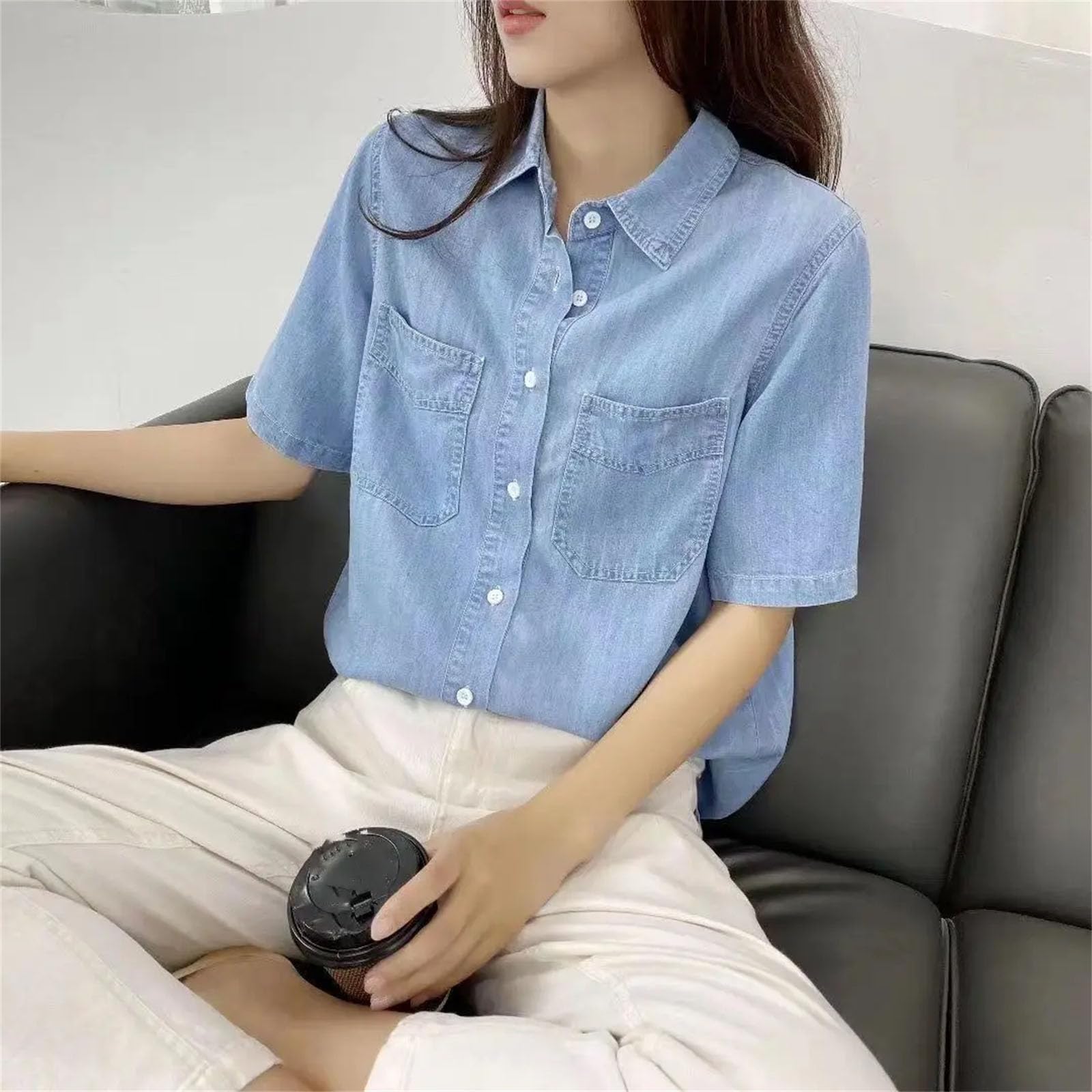 Camicia da donna in denim di cotone, collo con risvolto, maniche corte, vestibilità ampia, controllo della pancia, top casual