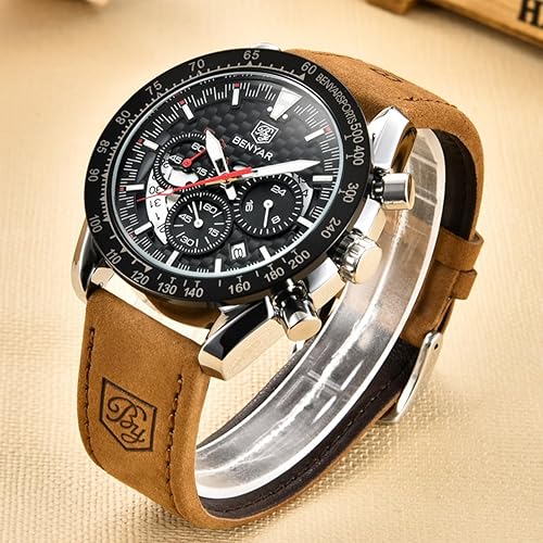 Miniatura 5 de BY BENYAR Relojes deportivos para hombre, con estilo analógico, de cuarzo, cronógrafo, fecha, impermeable, 3ATM, correa de cuero para negocios,