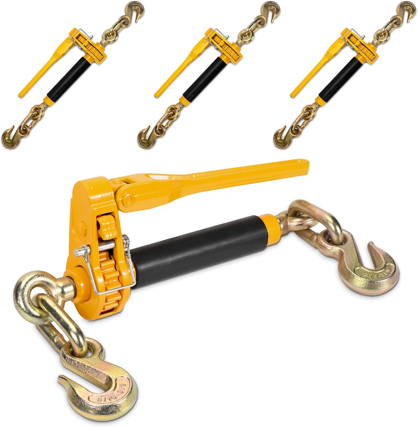 5/16" - 3/8" Folding Handle Load Binder, Heavy Duty Ratchet Chain Binder w/Grab Hooks G70-T80, 7,100 lbs WLL Tie Down Hauling Chain Binders for Flatbed Truck Trailer, 4 Pcs