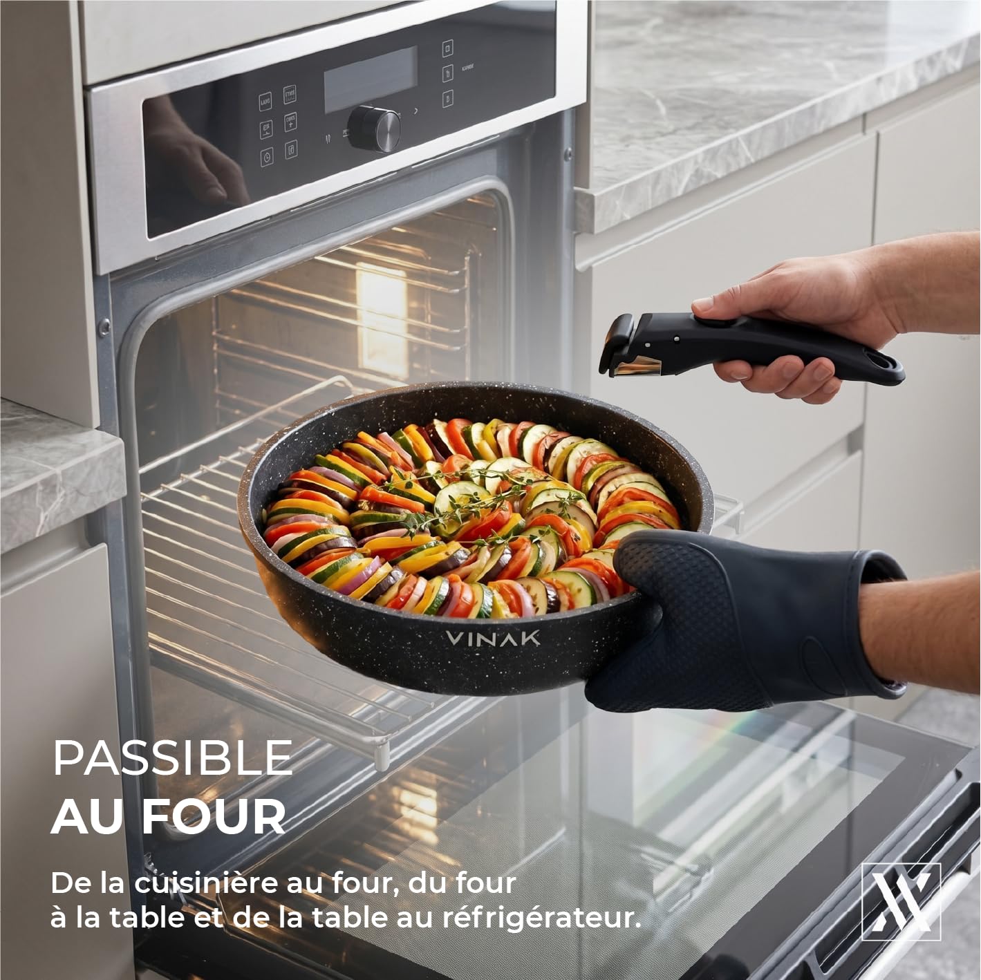 VINAK - Set de poêles avec manche amovible - Antiadhésives - 11 PIÈCES - Poêle 26 cm + 20 cm, casserole 18 cm, couvercles de rangement, ustensiles en silicone | Induction et Four | Sans PFOA/BPA