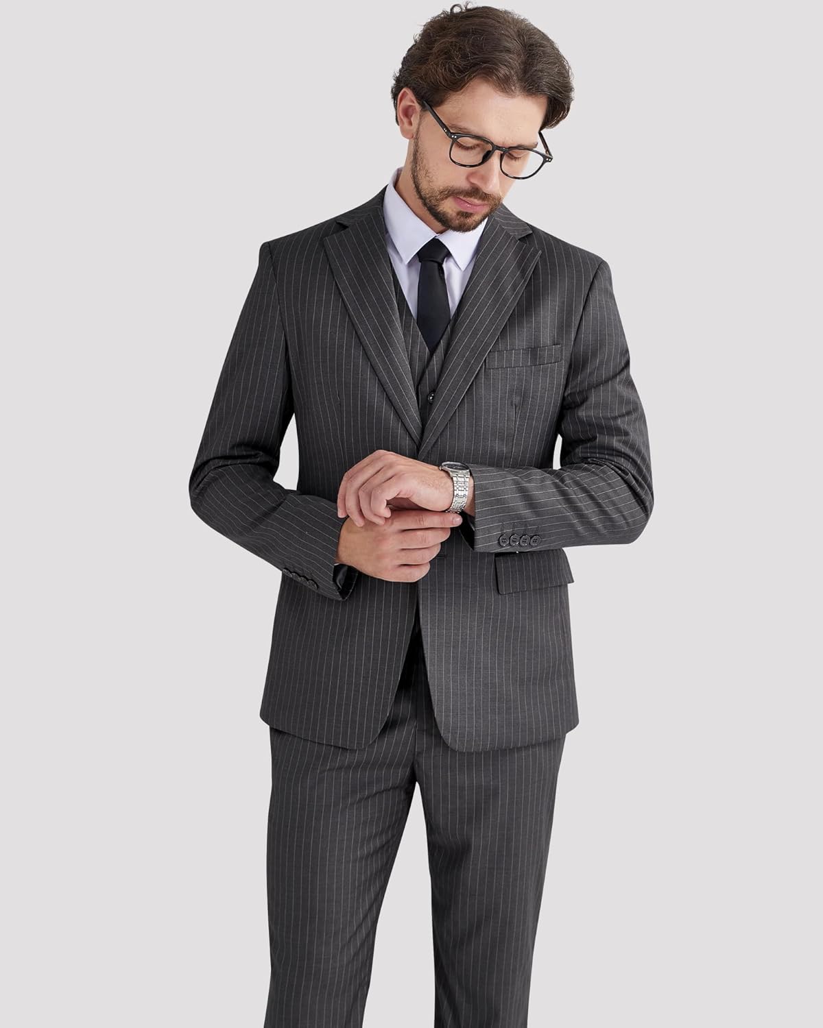 MAGE MALE Men’s Pinstripe 3 Piece Suit Slim Fit Elegant Single Breasted Business Wedding Party Blazer Vest& Pants Set
