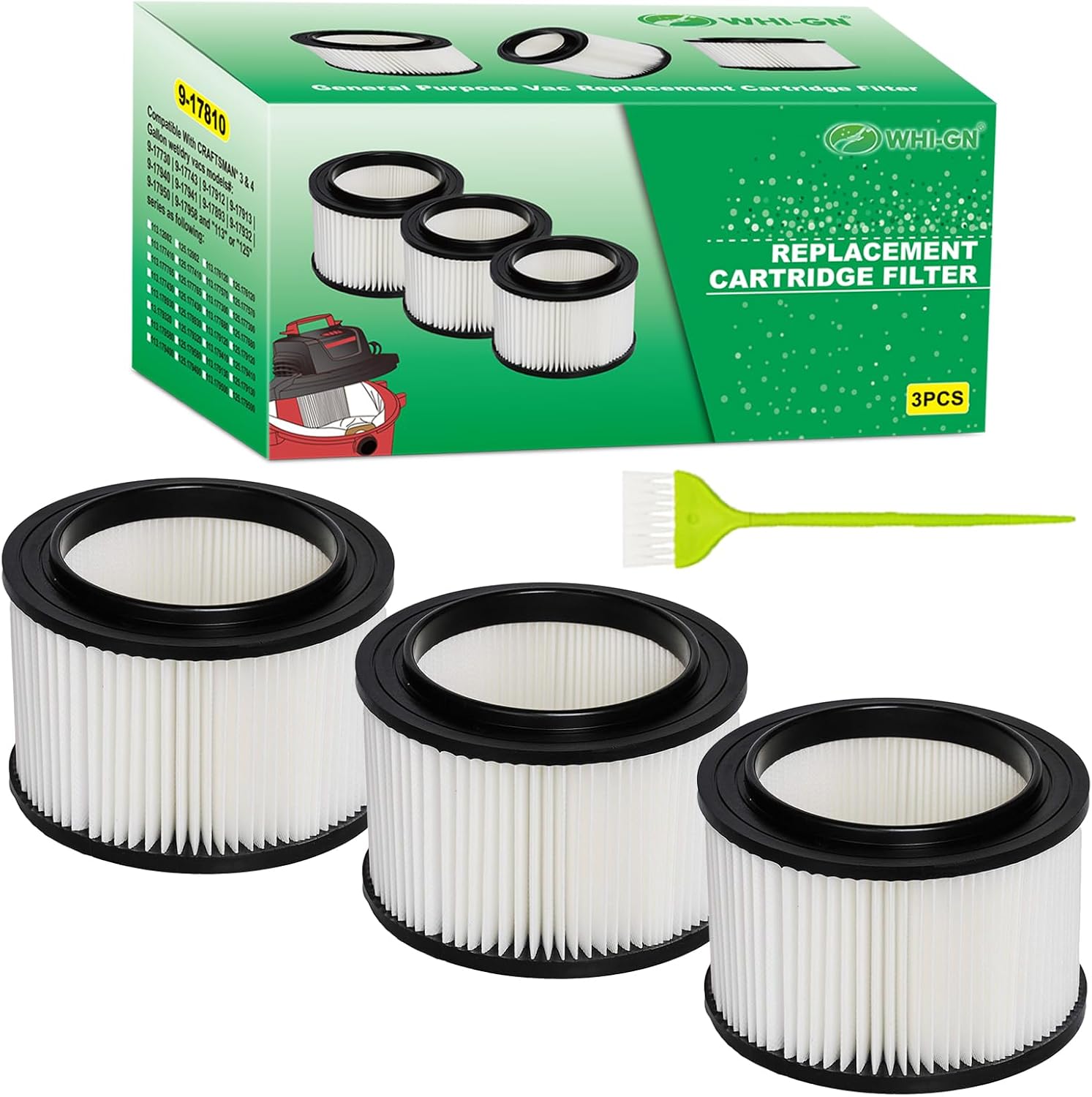 3 Pack 17810 Replacement Filters for Craftsman 3 to 4 Gallon Shop Vacs | Fit Craftsman Clean and Carry 3 to 4 Gal General Purpose Vac Models Prefixed By "113" Or "125", Part# 9-17810, PET Material