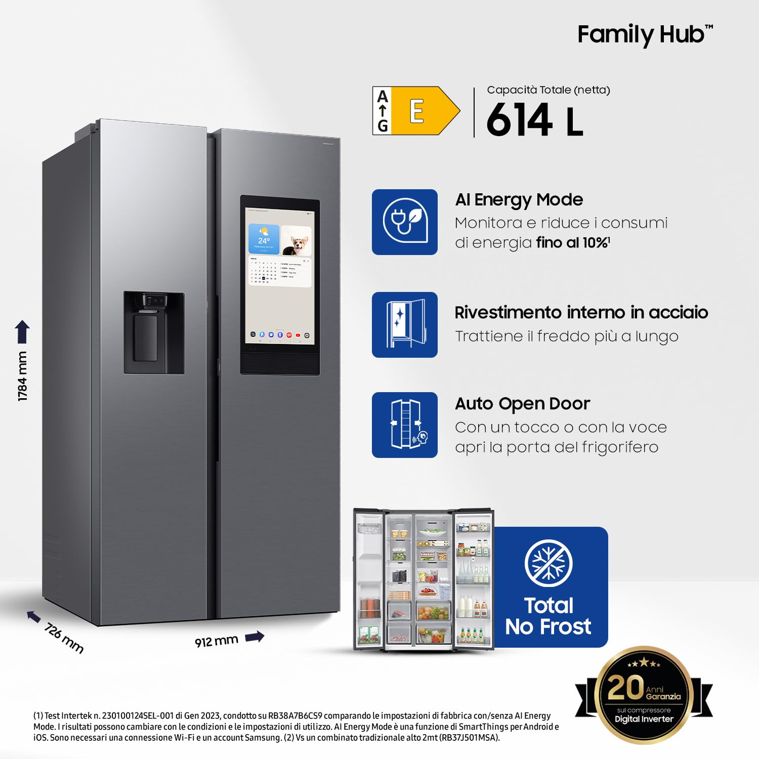 FRIGORIFERO SIDE BY SIDE SAMSUNG FAMILY HUB RS90F67BETEF 614L AI INVERTER DISPENSER DISPLAY LIBERA INSTALLAZIONE WIFI SILVER CLASSE E (Ricondizionato)
