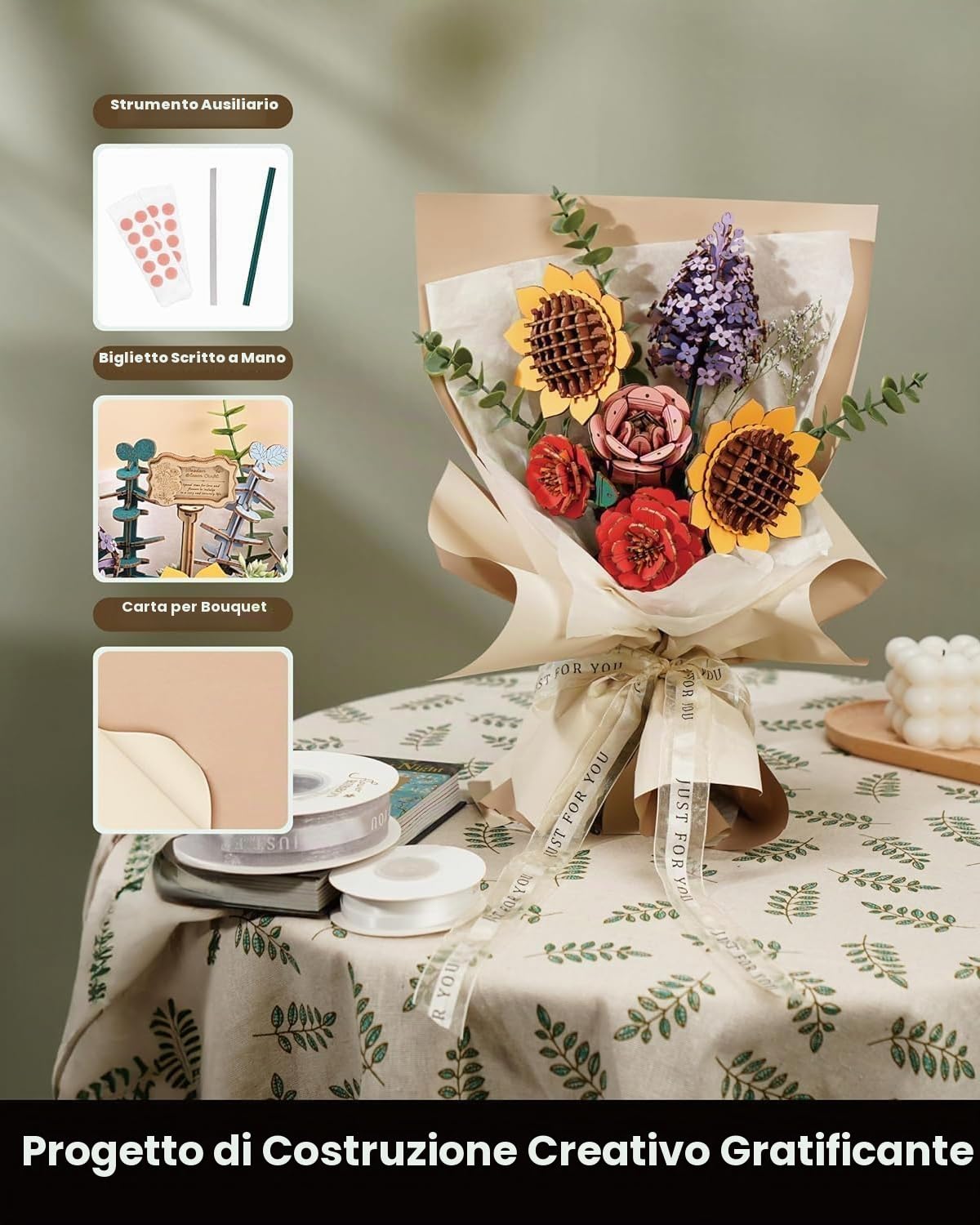 ROBOTIME Fiori Secchi Decorativi, Puzzle 3D in Legno, Modellismo da Costruire Adulti, Regali Compleanno Donna San Valentino, Decorazione per la Casa, Bouquet di Fiori, TW01H