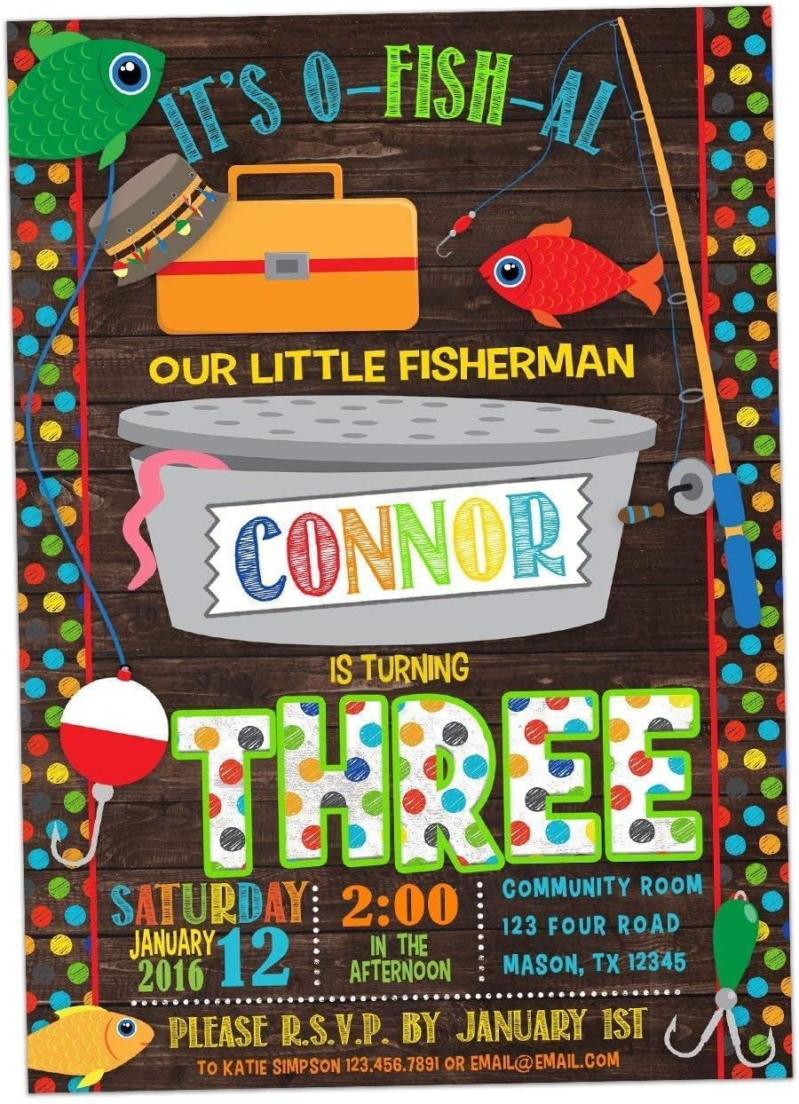 Little Fisherman Birthday Invitations Big Fish Party Invites, Chalk Style, Personalized with Envelopes