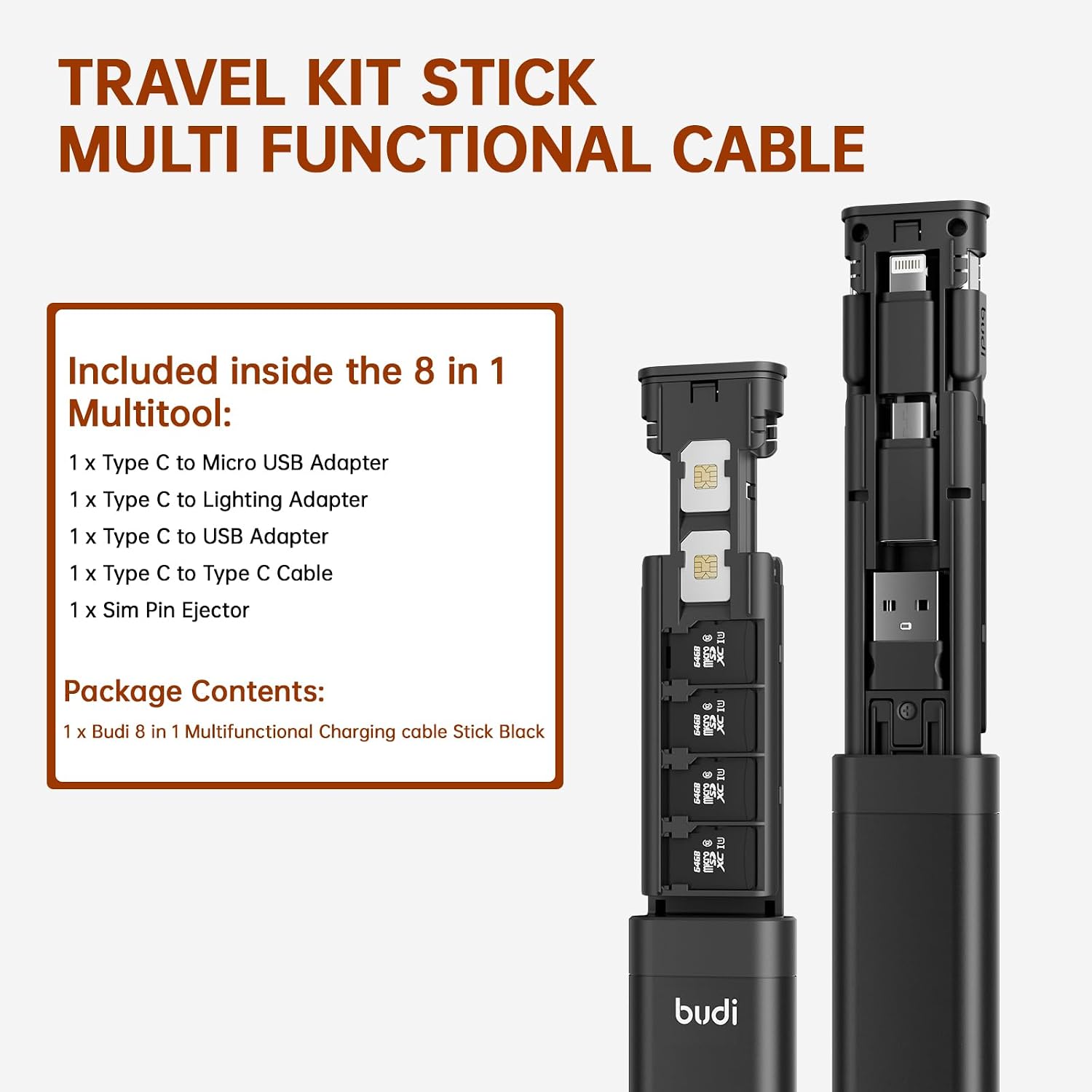 BUDI USB Adapter Kit，Multifunctional Compact Cable Card, Travel Portable Aluminum Storage Case with Micro USB A Type C Light, PD65W Charging Cable Set, Sim Card Tray Eject Tool and Slot Case-Black