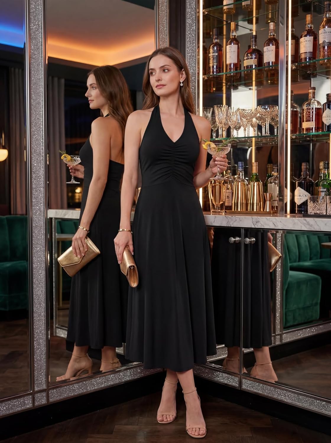 MEROKEETY Women's Formal Halter Maxi Dress 2026 Summer Backless Sleeveless V Neck Ruched Cocktail Wedding Guest Dresses