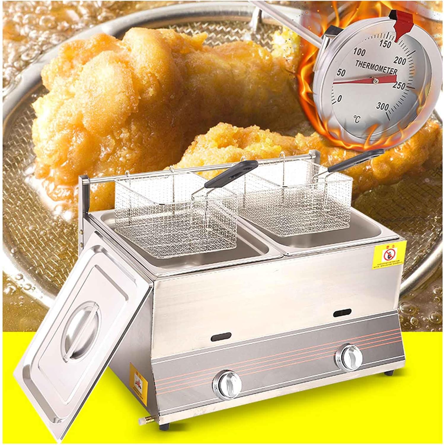 304 Stainless Steel 12L Deep Fryer Gas Chip Fryer Food Grade Stainless Steel Electronic Pulse Ignition Non-Slip Energy Saving Easy Cleaning