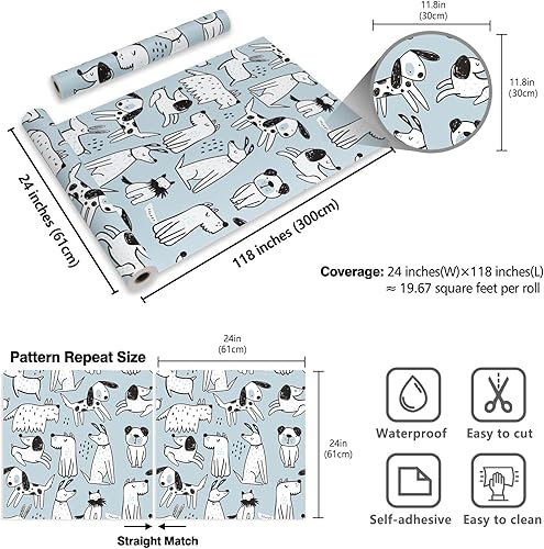 Miniatura 8 de CRE8TIVE Papel tapiz de 24 x 118 pulgadas para perros pequeños, papel tapiz de pelar y pegar, papel tapiz azul y blanco de animales de cachorro,