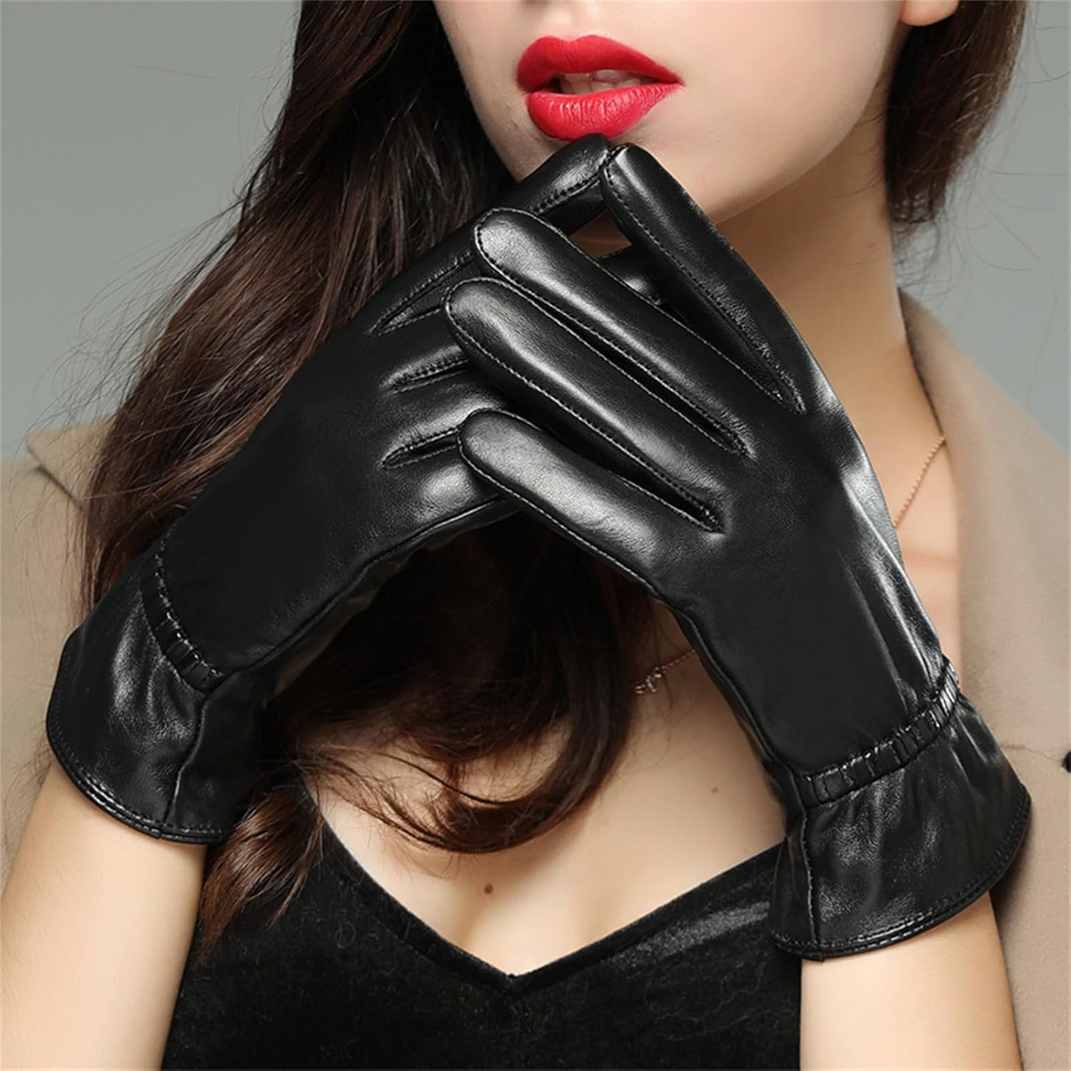 [小さな店] 手袋 レディース 防寒手袋 女性用レザーグローブ暖かいパッド入りの厚みのある防風サイクリング 保温 通勤 通学 旅行