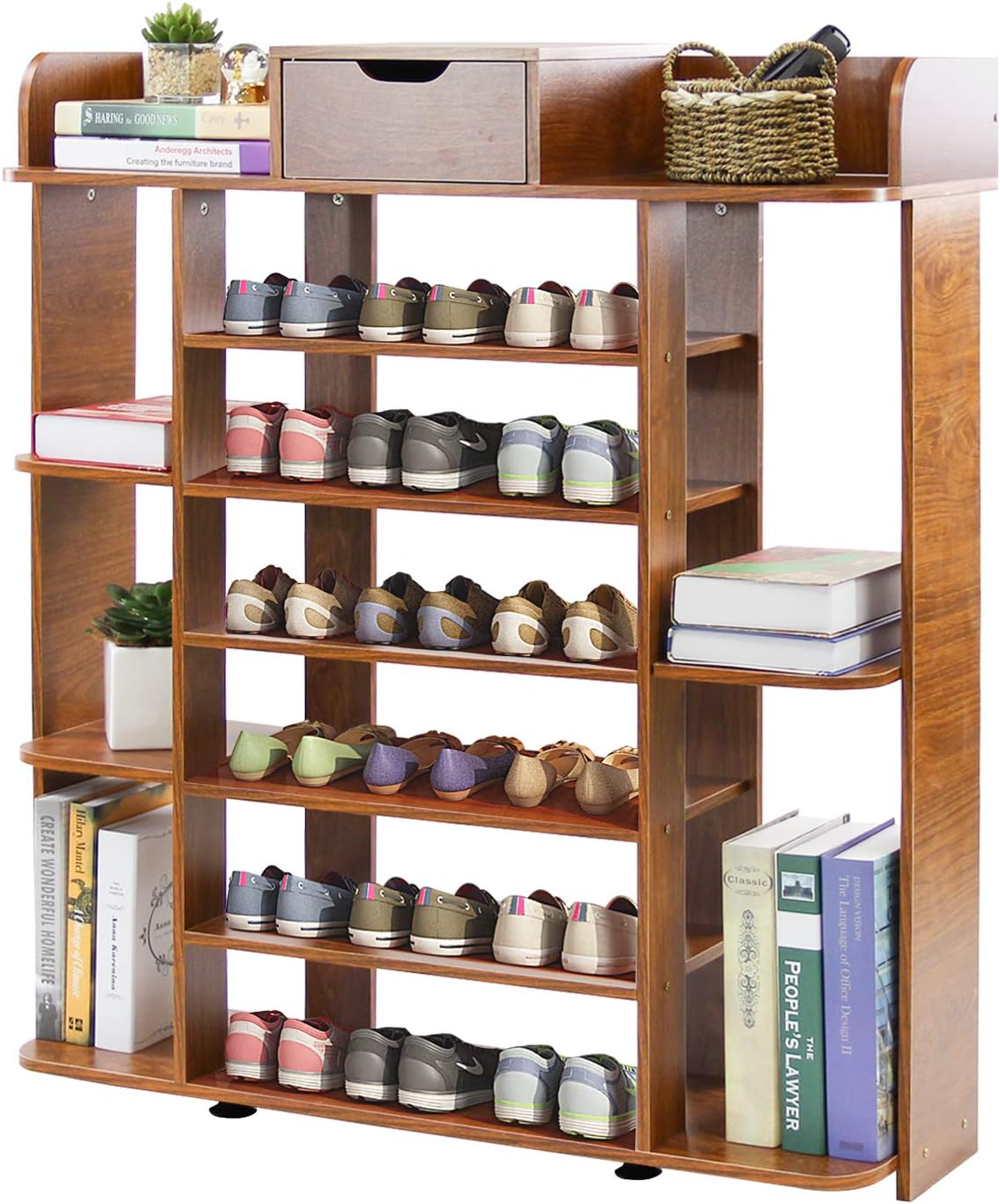 JERRY & MAGGIE 5 Tier Wood MDF Board Shoe Rack Shelf with One Drawer Clothes Rack