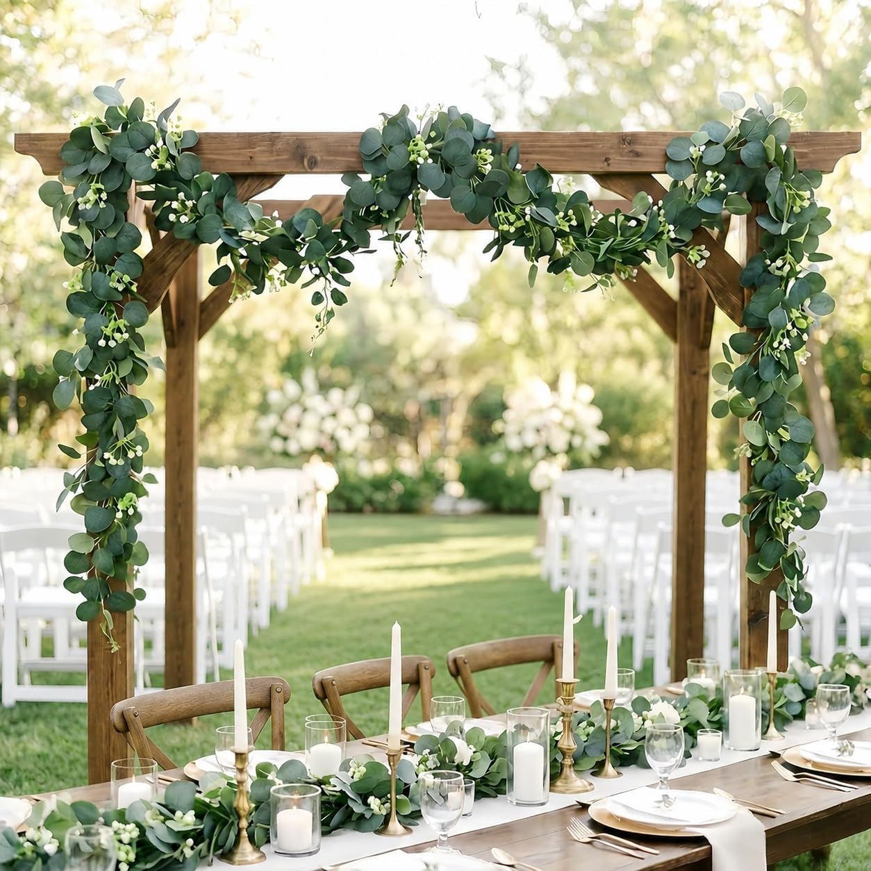 Artificial Eucalyptus Garland 4 Pack, 6FT Faux Eucalyptus Greenery Garland with White Flowers, Realistic Eucalyptus Vines for Table Home Wedding Mantle Party Indoor Outdoor Decor