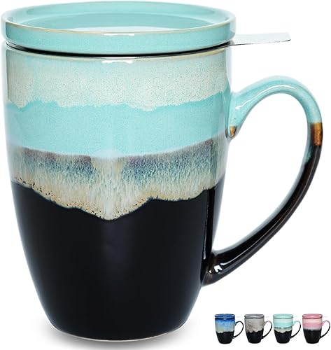 Miniatura 6 de Bosmarlin Taza de té de cerámica con infusor y tapa, 13.5 onzas, 4 colores a elegir, apta para lavavajillas y microondas, esmalte reactivo, taza de